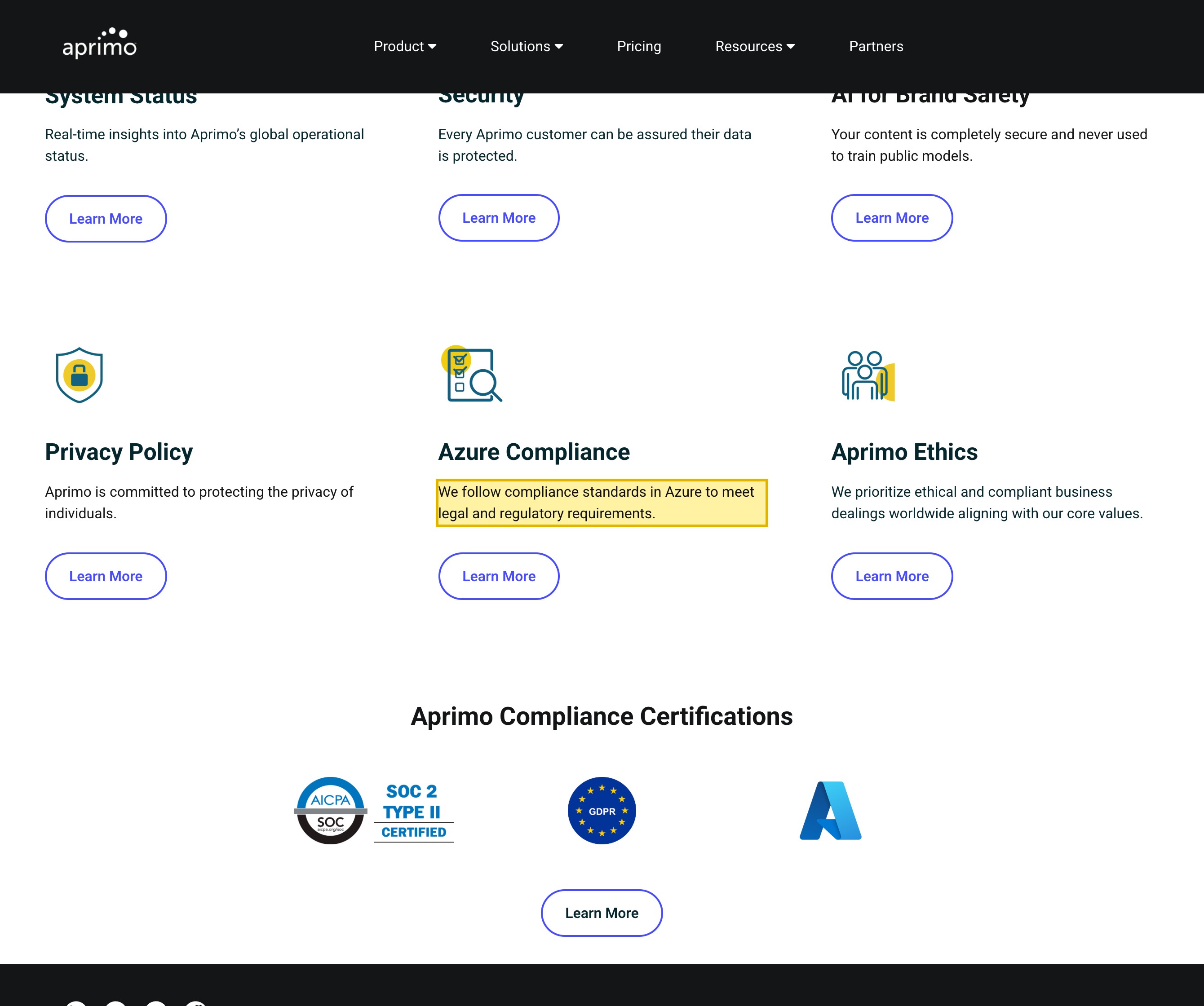 Aprimo's official trust center describing the platform as SaaS and stating that it follows compliance standards in Microsoft Azure, with no mainland-China region named