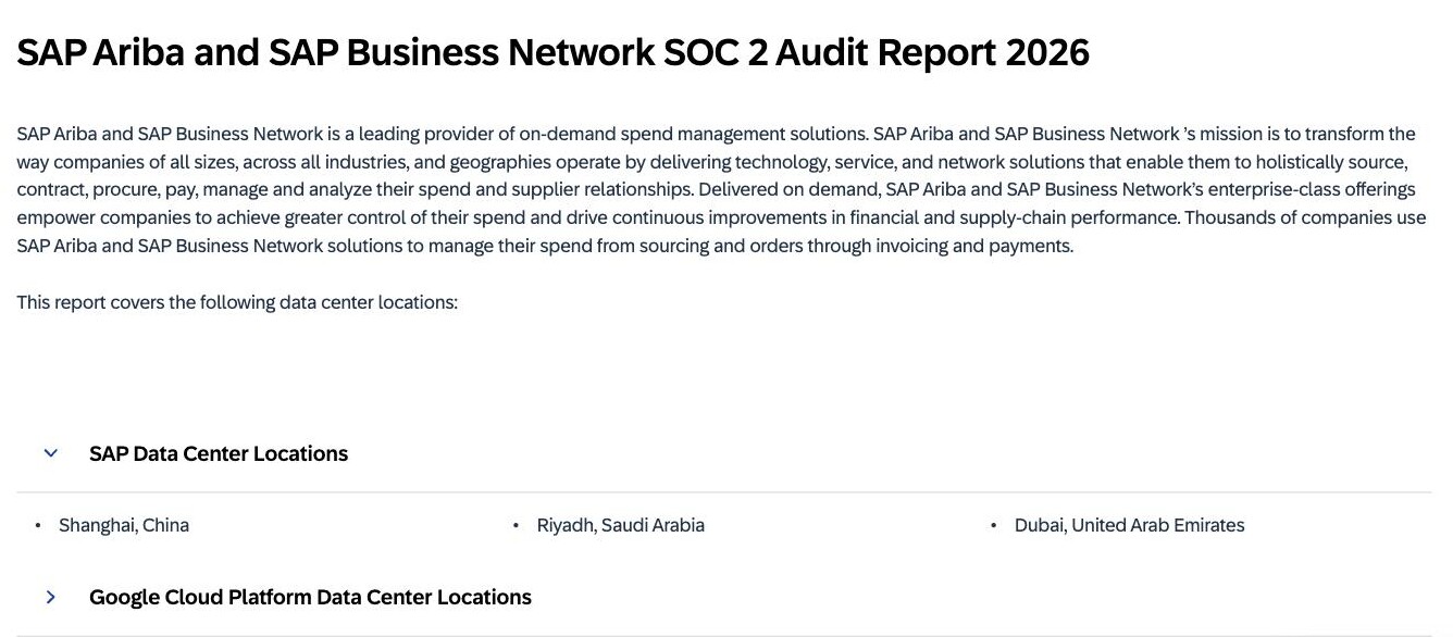 SAP's 2026 SOC 2 audit report page for SAP Ariba and SAP Business Network, listing 'Shanghai, China' under 'SAP Data Center Locations' among the data center locations the report covers