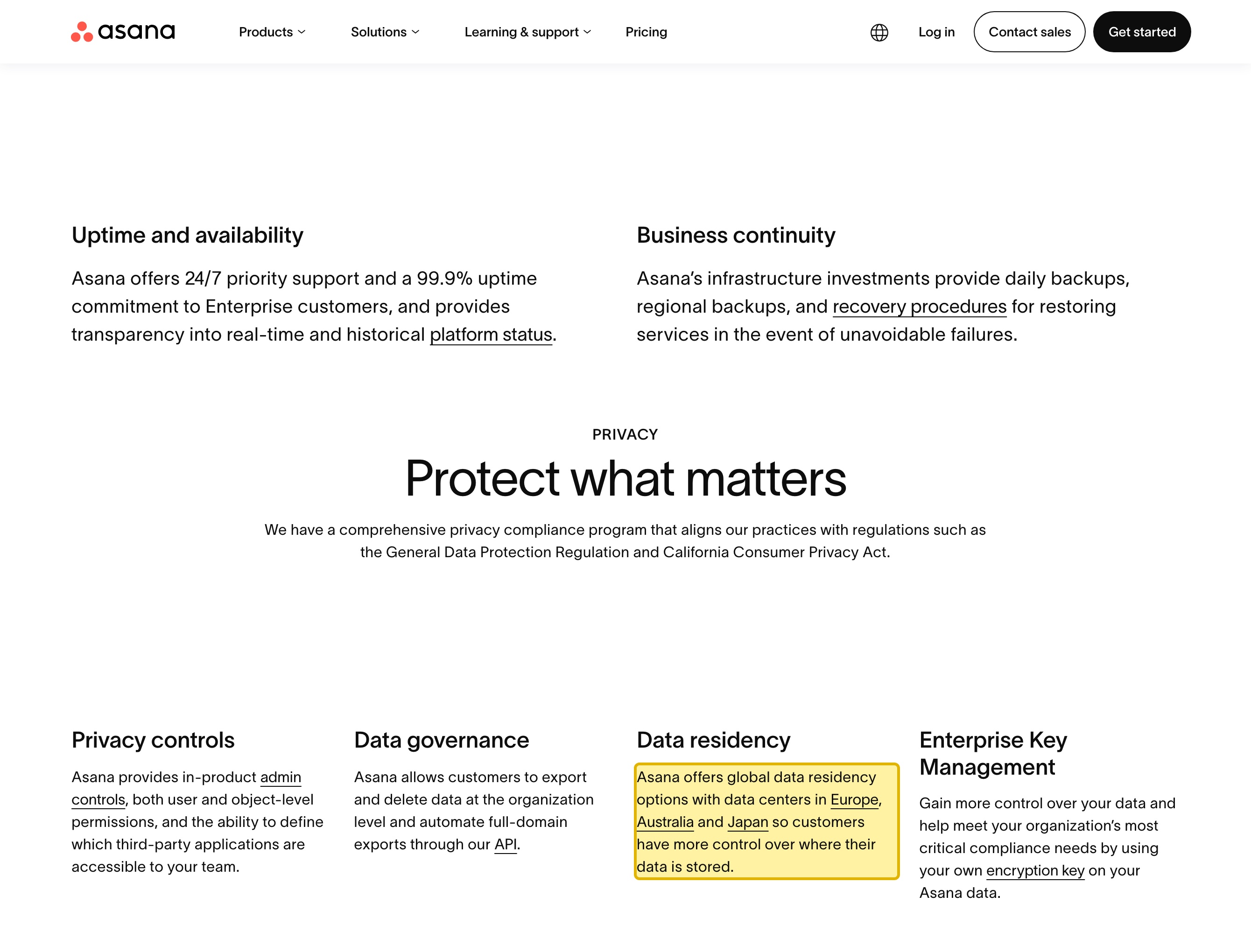 Asana's Security Statement page, Data residency section, stating that Asana offers global data residency options with data centers in Europe, Australia and Japan, with mainland China absent from the list of regions