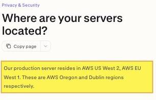 AssemblyAI's documentation stating that its production servers reside in AWS US West 2 and AWS EU West 1 — the AWS Oregon and Dublin regions — with no mainland-China region