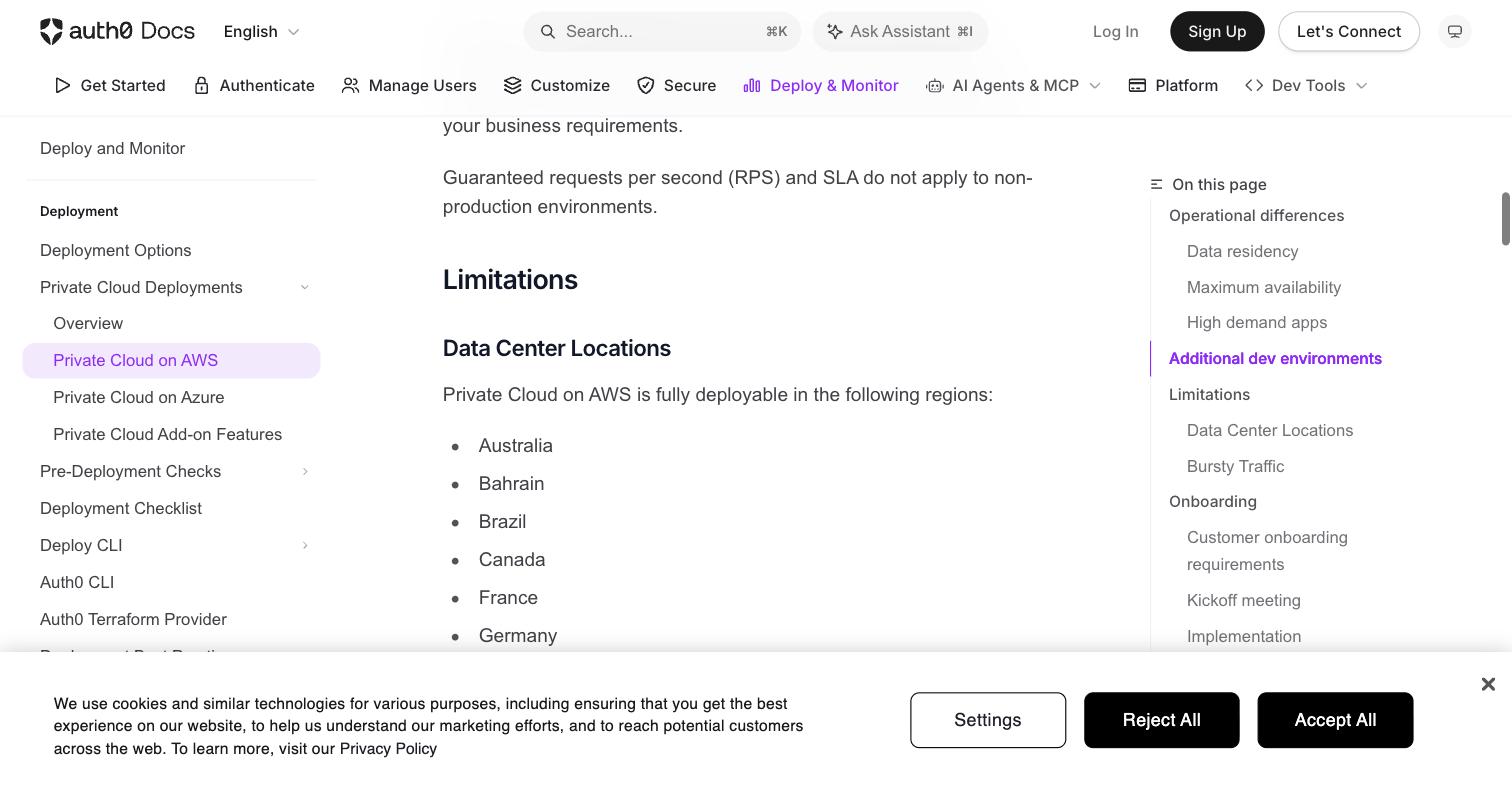 AWS上のAuth0 Private Cloudのドキュメント。デプロイ可能なリージョン——オーストラリア、バーレーン、ブラジル、カナダ、フランス、ドイツ、香港、インド、インドネシア、アイルランド、日本、メキシコ、シンガポール、南アフリカ、韓国、スウェーデン、タイ、UAE、英国、米国——を列挙し、中国本土リージョンはない
