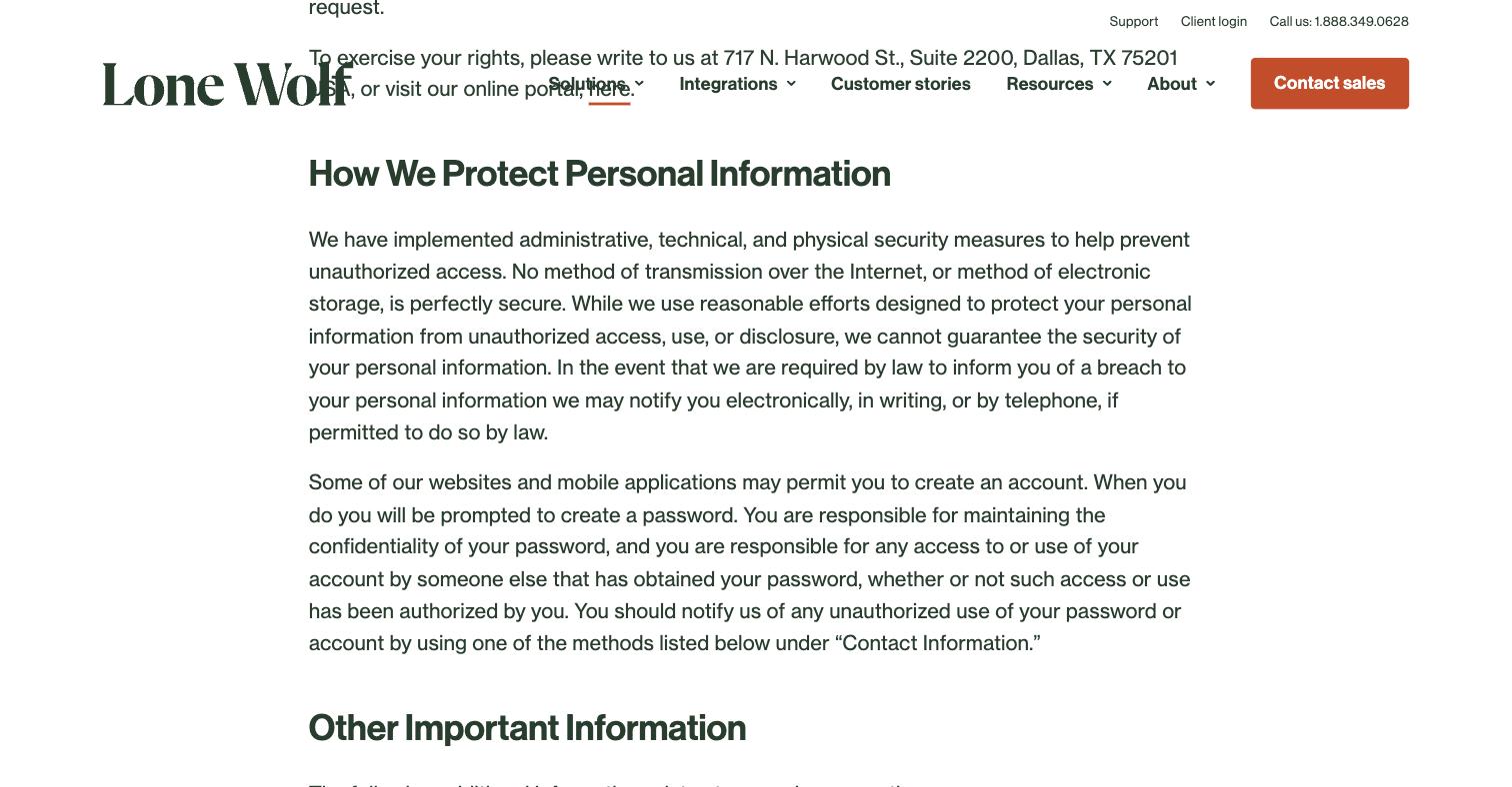 Lone Wolf Real Estate Technologies privacy policy for Authentisign, last updated February 21, 2025, under the heading How We Protect Personal Information, naming no mainland-China data region