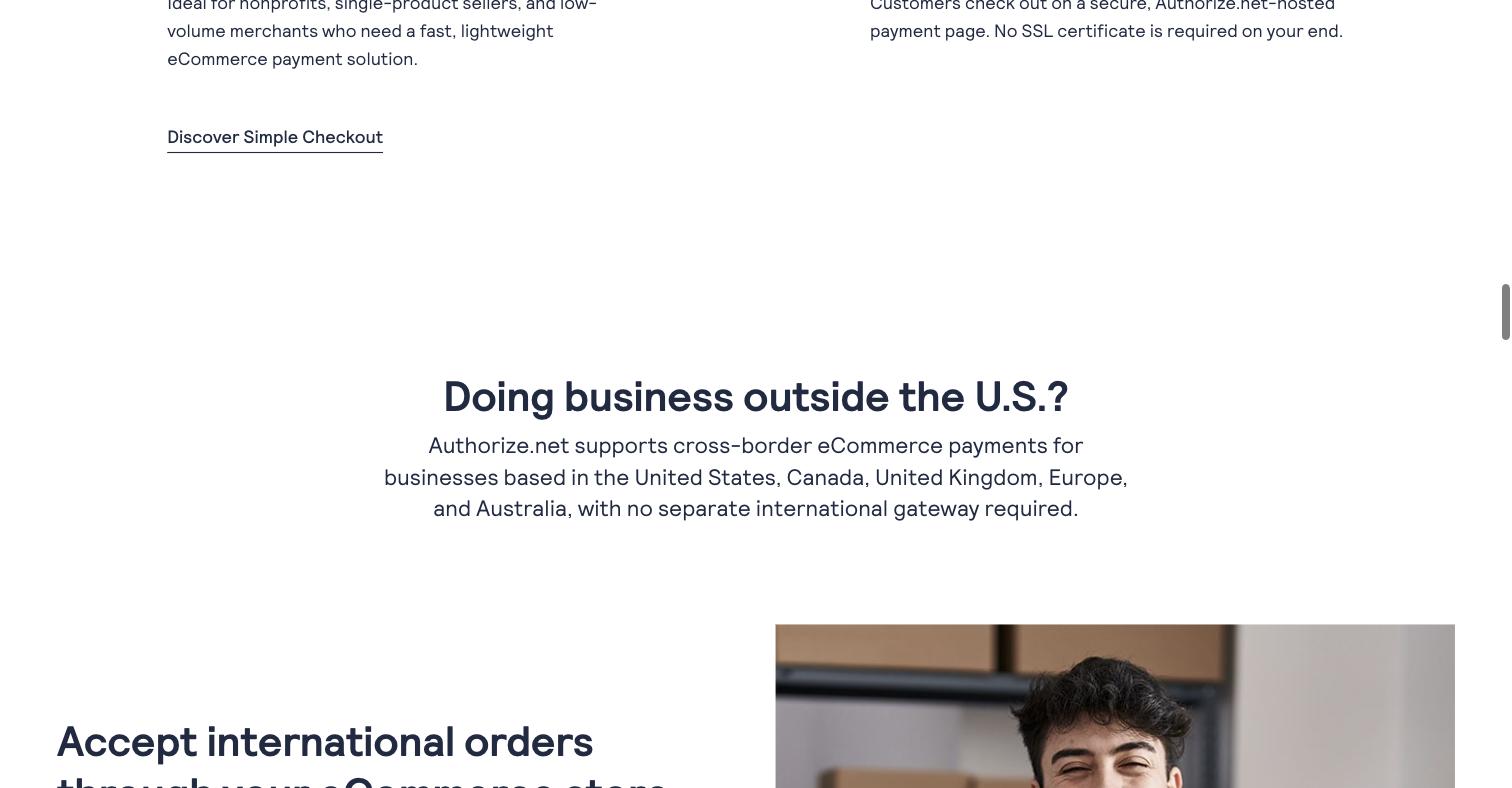 Authorize.Net eCommerce payments page stating it supports cross-border eCommerce payments for businesses based in the United States, Canada, United Kingdom, Europe and Australia — with no mainland-China merchant location