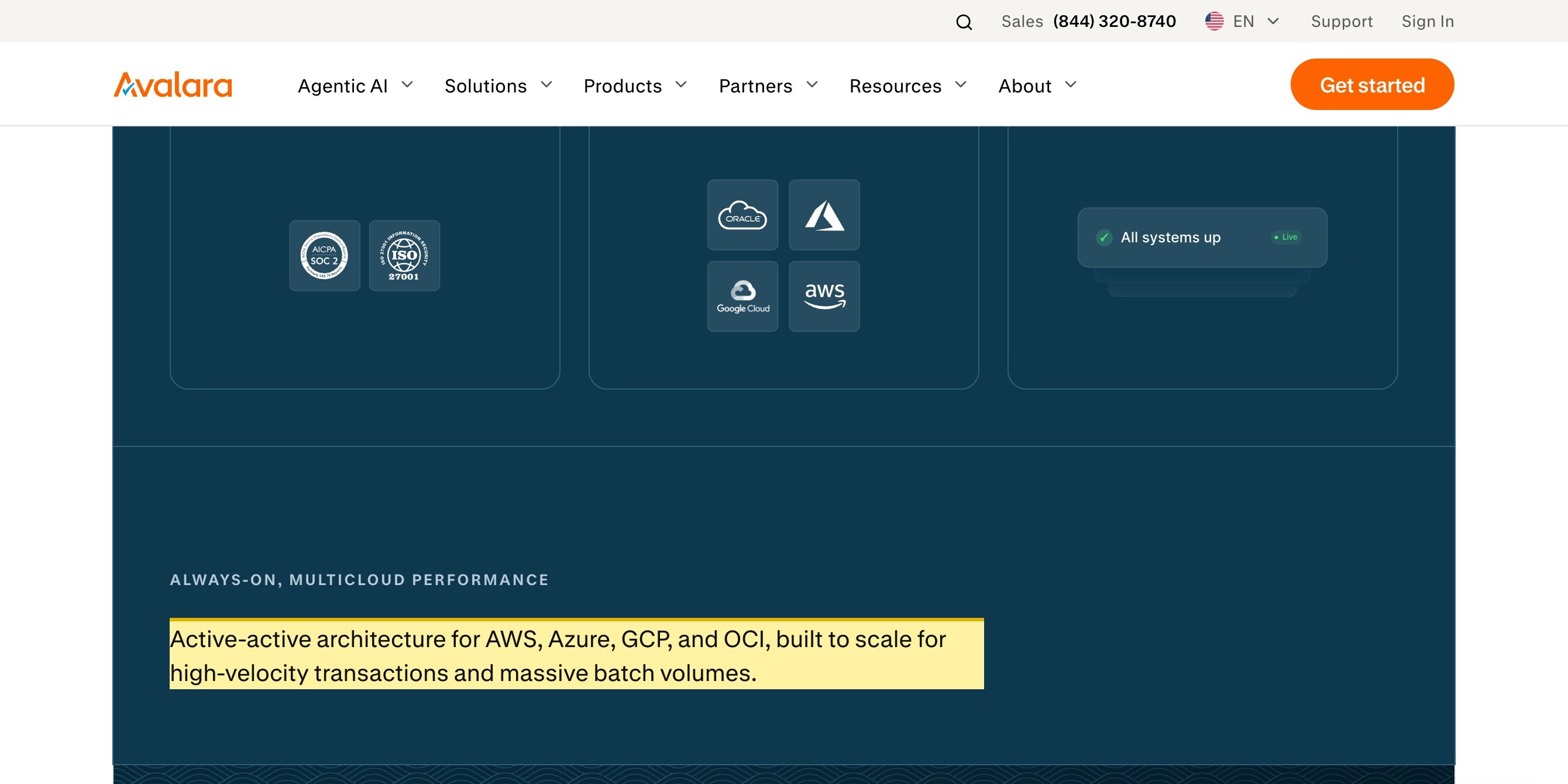 Avalara's own Enterprise platform page describing its infrastructure as secure multicloud with active-active architecture across AWS, Azure, GCP and OCI — offshore hyperscaler clouds, with no mainland-China data region or data-residency option.
