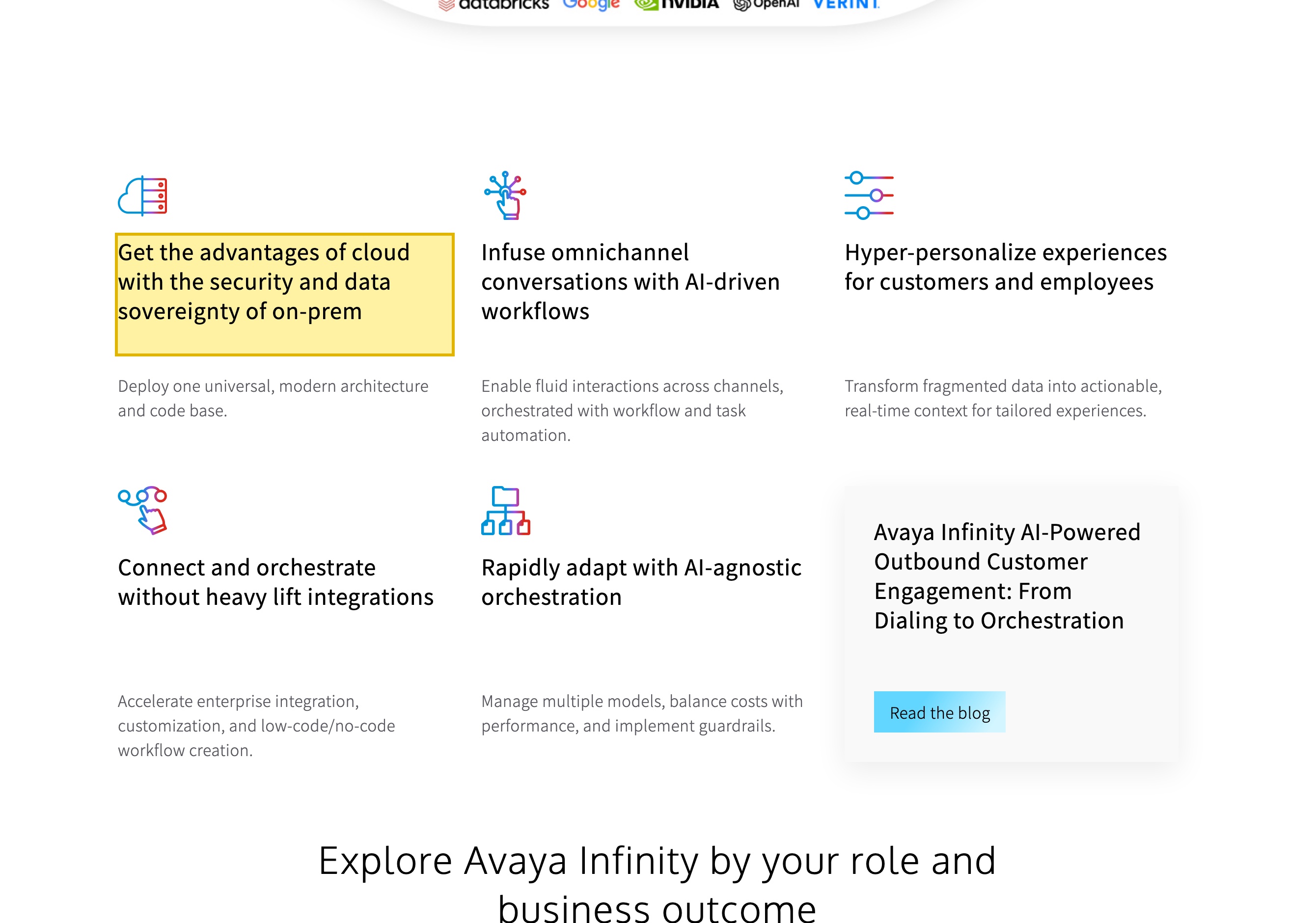 Avaya's Avaya Infinity platform page describing its deployment options — cloud, hybrid and on-premises — stating it delivers the advantages of cloud with the security and data sovereignty of on-prem, with organizations retaining control over deployment, data and AI choices