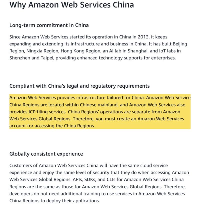 Amazon Web Services in China page stating that China Regions' operations are separate from AWS Global Regions, that Beijing Sinnet Technology Co., Ltd. (Sinnet) operates the AWS China (Beijing) Region, and that Ningxia Western Cloud Data Technology Co., Ltd. (NWCD) operates the AWS China (Ningxia) Region