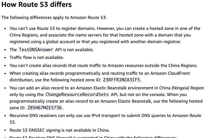 AWS's Getting Started with Amazon Web Services in China documentation, the 'How Route 53 differs' section, listing that Traffic flow is not available and that Route 53 DNSSEC signing is not available in China