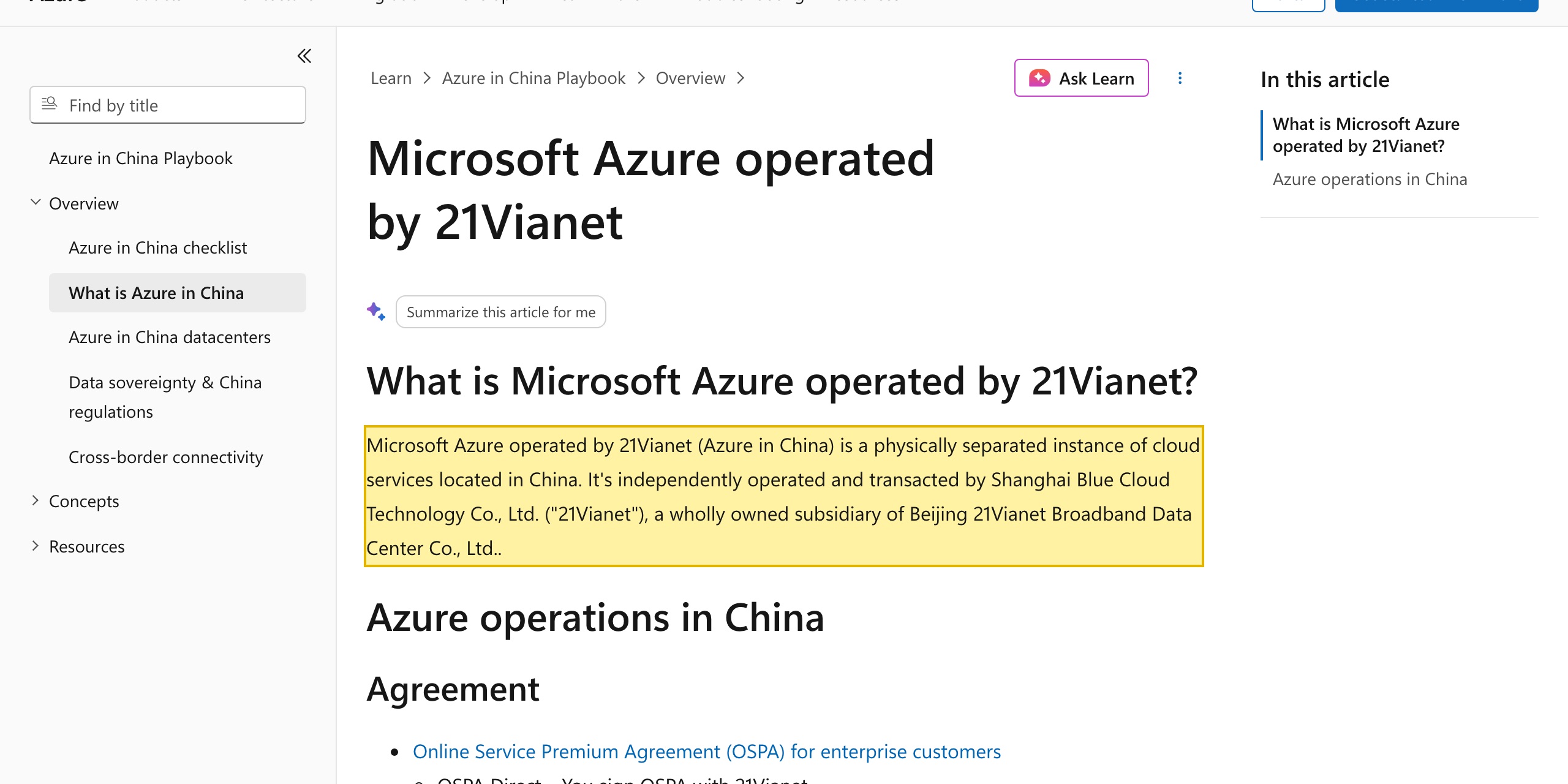 Microsoft Learn page titled Microsoft Azure in China, stating that Microsoft Azure operated by 21Vianet is a physically separated instance of cloud services located in China, independently operated and transacted by Shanghai Blue Cloud Technology Co., Ltd. (21Vianet)