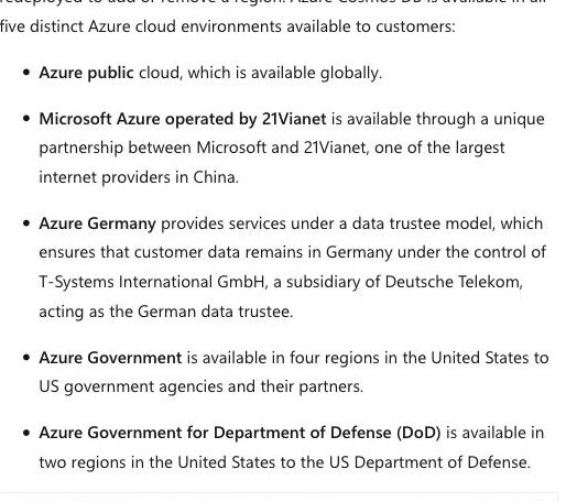 Microsoft Learn 'Distribute data globally' page for Azure Cosmos DB, listing the five distinct Azure cloud environments — Azure public (available globally), Microsoft Azure operated by 21Vianet in China, Azure Germany, and two US Government clouds — with the China cloud shown as a separate environment