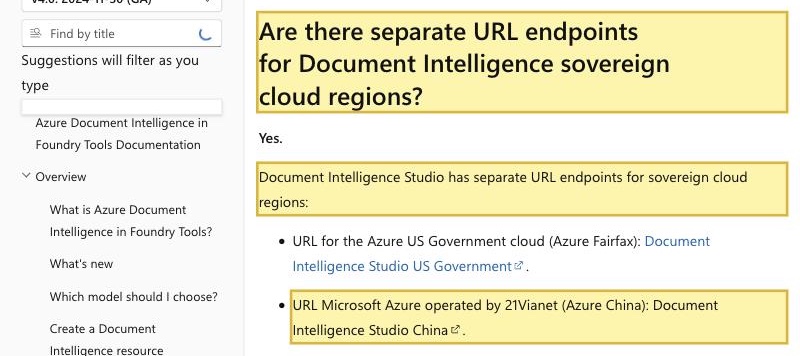 Microsoft Learn Azure AI Document Intelligence FAQ, stating that Document Intelligence Studio has separate URL endpoints for sovereign cloud regions, including one for Microsoft Azure operated by 21Vianet (Azure China)