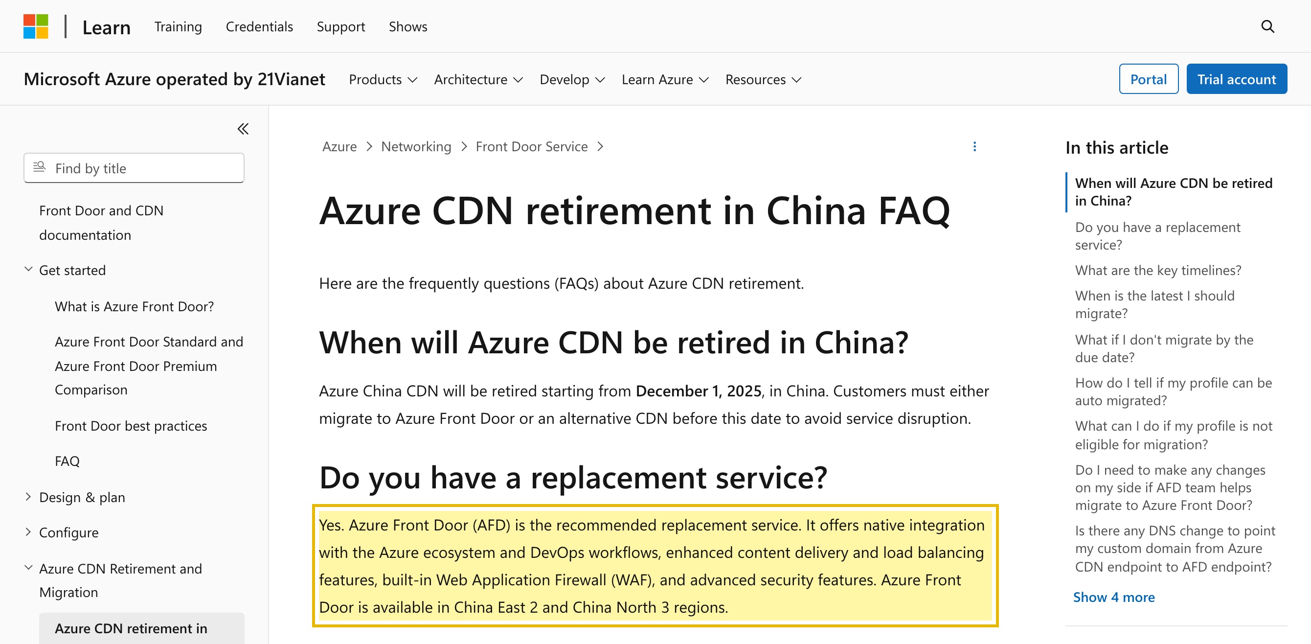 Microsoft Azure operated by 21Vianet documentation page titled Azure CDN retirement in China FAQ, stating that Azure China CDN will be retired starting from December 1, 2025, and that Azure Front Door (AFD) is the recommended replacement service, available in China East 2 and China North 3 regions
