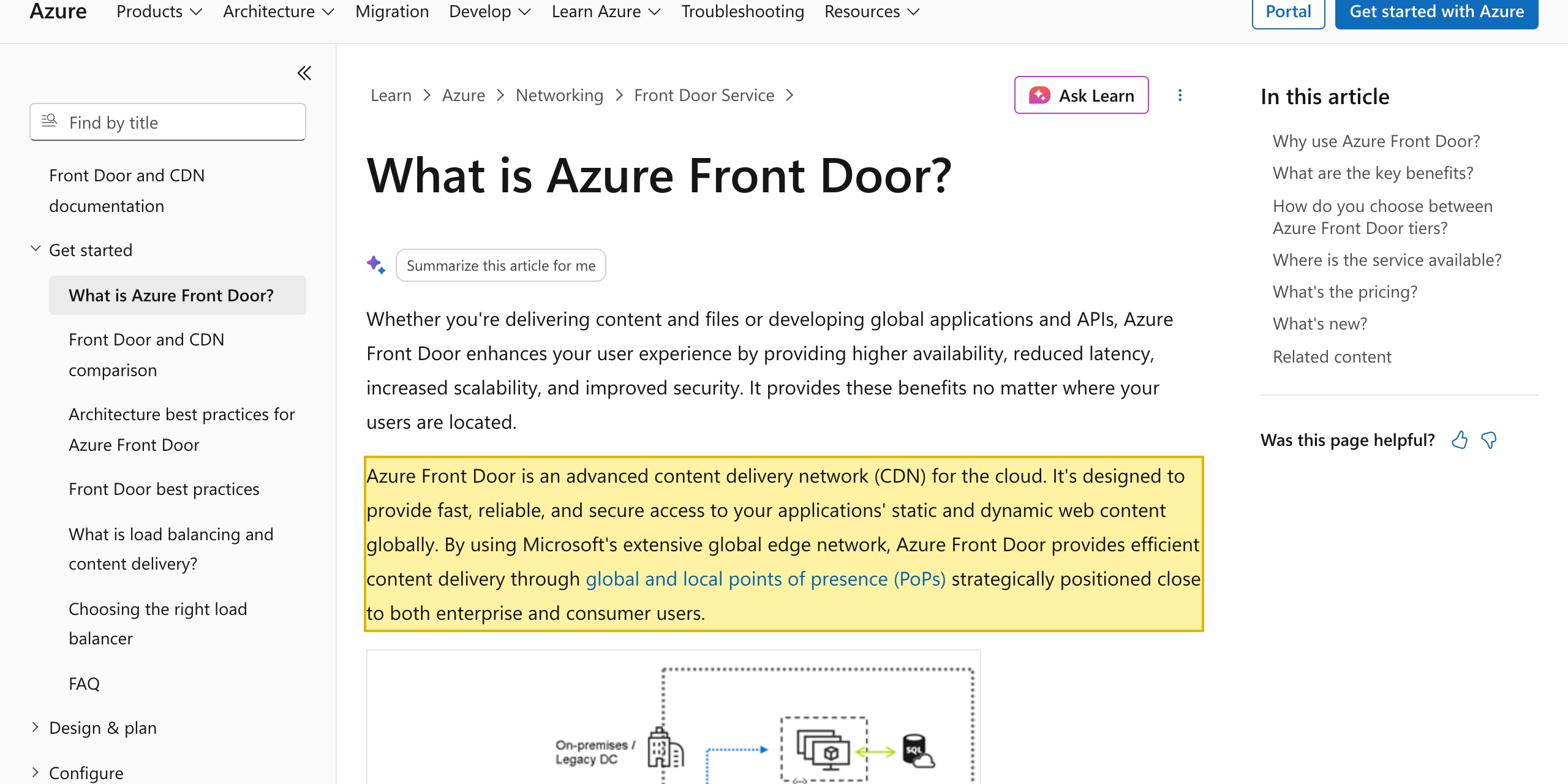 Microsoft Learn page titled What is Azure Front Door?, describing Azure Front Door as an advanced content delivery network (CDN) for the cloud that uses Microsoft's extensive global edge network to deliver content through global and local points of presence (PoPs)