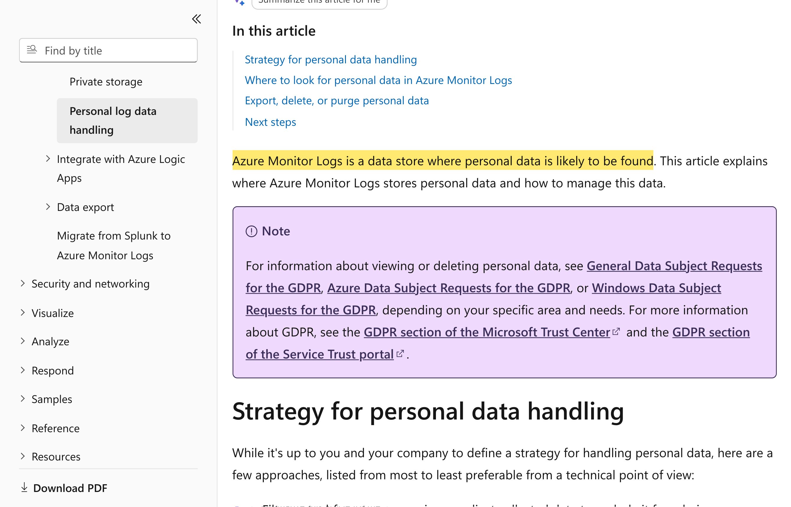 Manage personal data in Azure Monitor Logsと題されたMicrosoft Learnのページ。Azure Monitor Logsが個人データが見つかる可能性が高いデータストアであると述べ、例としてIPアドレス・ユーザーID・デバイスIDを挙げる