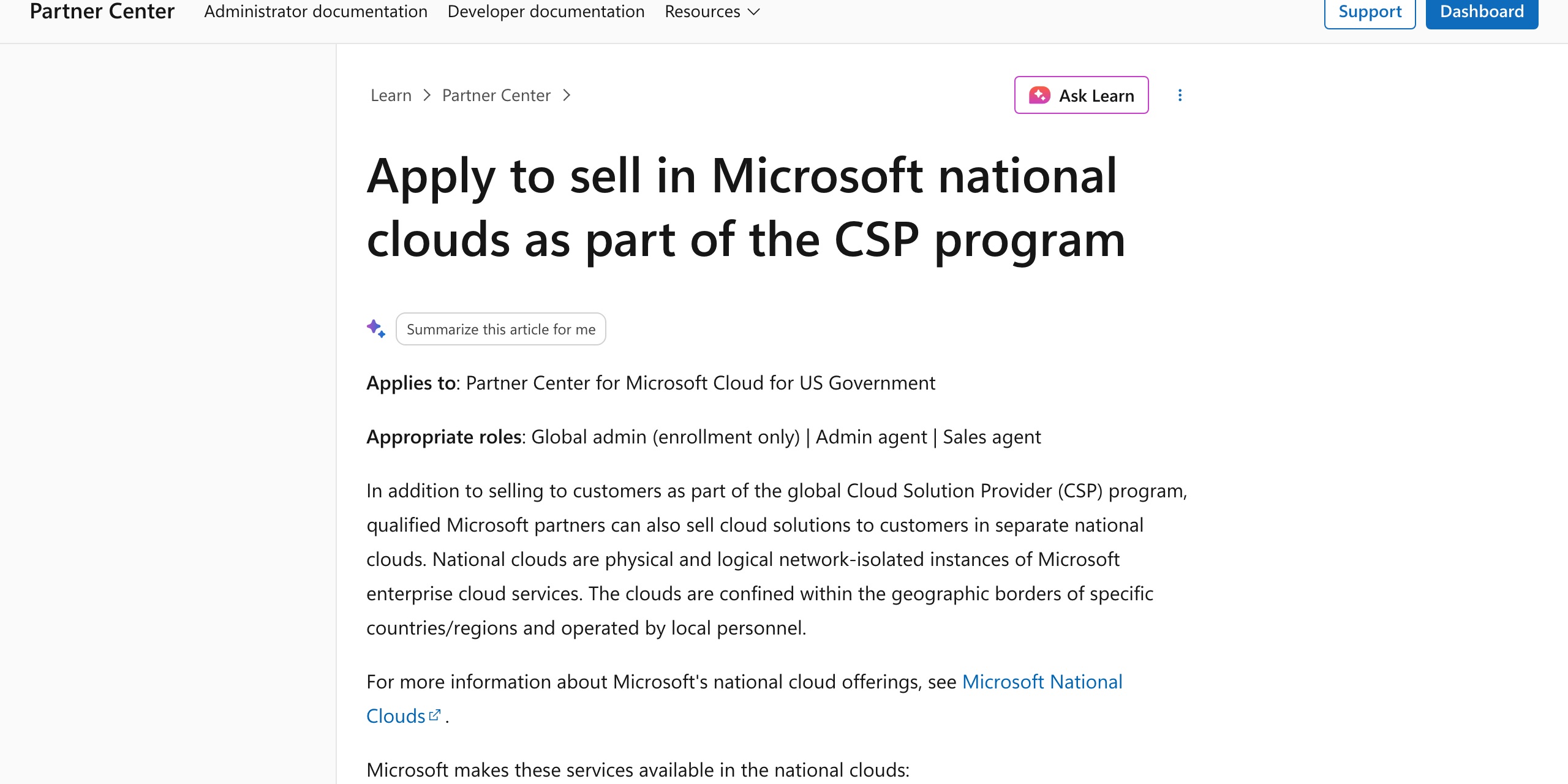Microsoft Learn page 'Apply to sell in Microsoft national clouds' showing the section 'Azure and Office 365 operated by 21Vianet in China,' stating that Microsoft is the technology provider but does not operate the service, and that 21Vianet independently operates the service and runs Azure datacenters that keep data within China