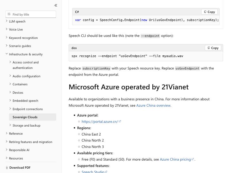 Microsoft Learn page 'Sovereign Clouds - Speech service', section 'Microsoft Azure operated by 21Vianet', stating the Speech service is available to organizations with a business presence in China, with the Azure portal portal.azure.cn and the China regions China East 2, China North 2, and China North 3