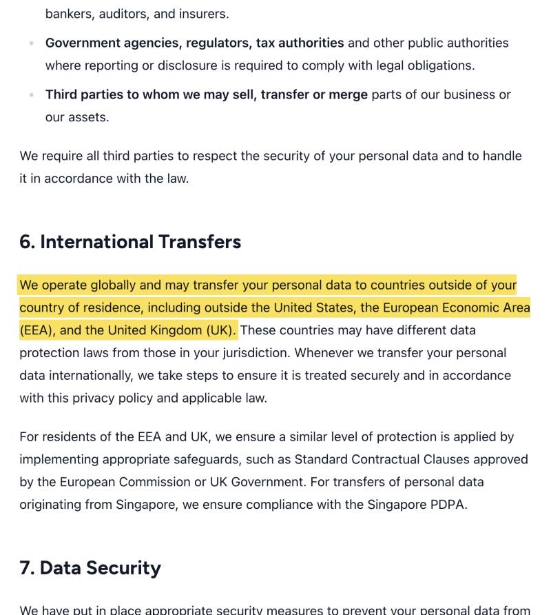 Amp's privacy policy for Back in Stock, Section 6 International Transfers, stating it may transfer personal data to countries outside the user's country of residence, including outside the United States, the EEA and the UK, with no mainland-China data location