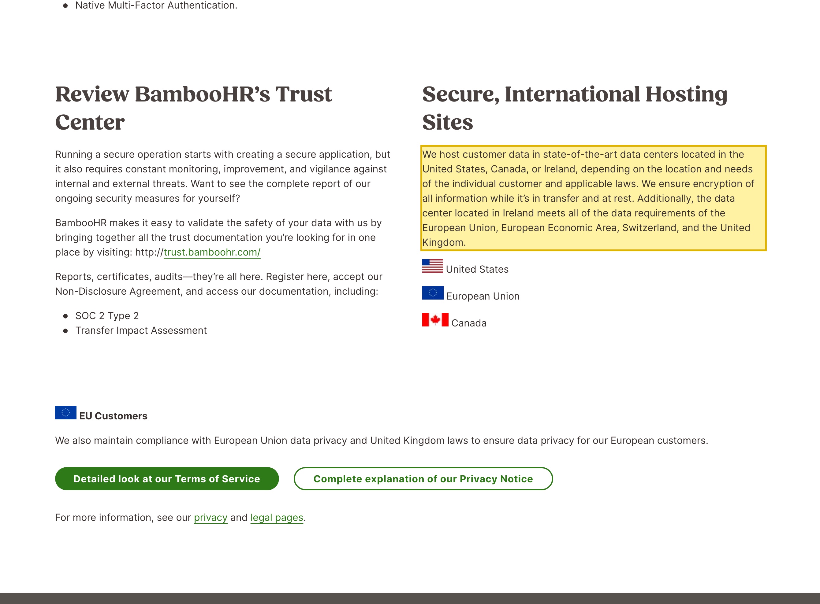 BambooHR's own Security page under the heading 'Secure, International Hosting Sites', stating that it hosts customer data in data centers located in the United States, Canada, or Ireland — naming no mainland-China data center