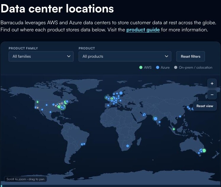 Barracuda Trust Center data-center locations page listing its customer-data regions on AWS and Azure across the Americas, Europe, the Middle East, Australia, India and Japan — with no mainland-China region