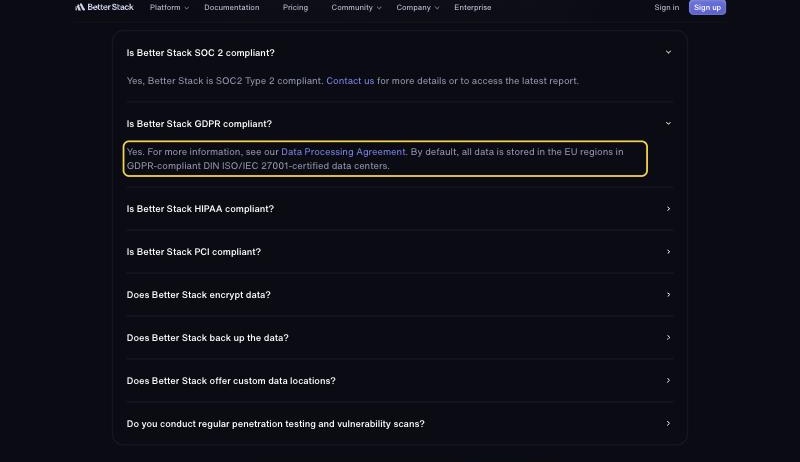 Better Stack's own Security page stating that by default all data is stored in the EU regions in GDPR-compliant ISO/IEC 27001-certified data centers, with custom data locations only for enterprise accounts and no mainland-China region