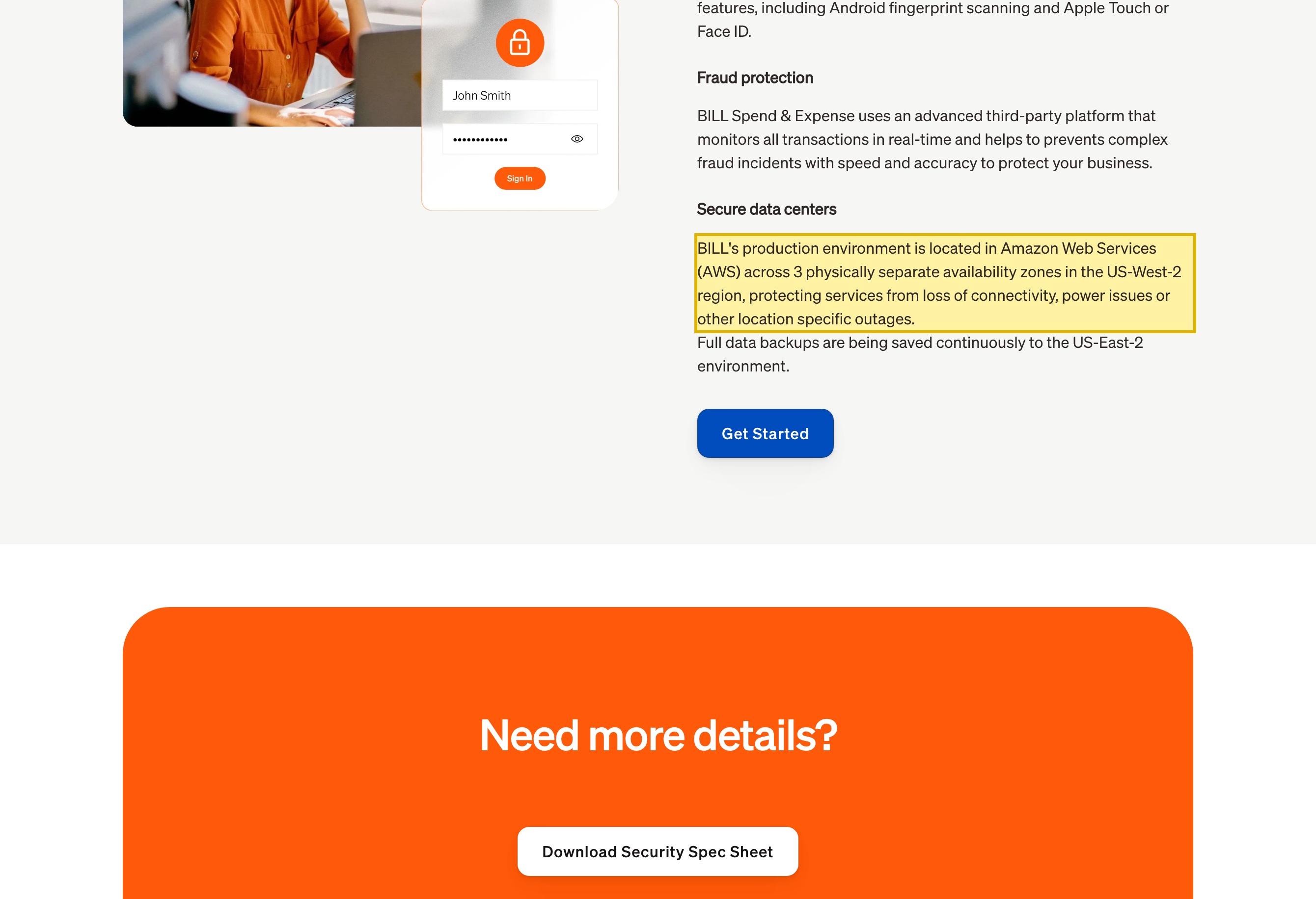 BILL's security page stating that its production environment is located in Amazon Web Services (AWS) across three physically separate availability zones in the US-West-2 region, with full data backups saved continuously to the US-East-2 environment — all United States regions, with no mainland-China region named