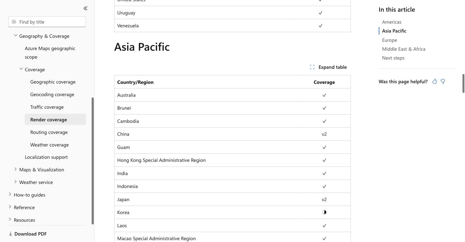 Azure Maps Render service coverage table on Microsoft Learn: the Asia Pacific section lists mainland China at the limited 'v2' tier while Hong Kong, Macao and Taiwan show the detailed-data check mark