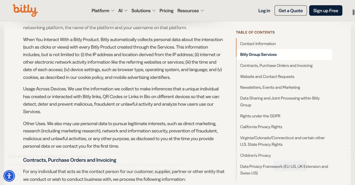 Bitly Privacy Policy section listing the personal data collected on every click — the IP address and location derived from it, referring websites, time and date of access, device settings such as browser, operating system and language, and cookies