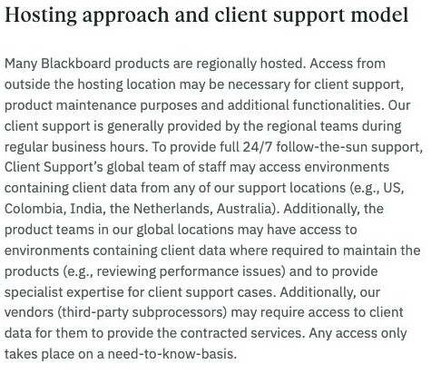 Blackboard (Anthology) Trust Center Hosting and Data Transfers page stating that many Blackboard products are regionally hosted and that access from outside the hosting location may be necessary, with no mainland-China hosting region listed