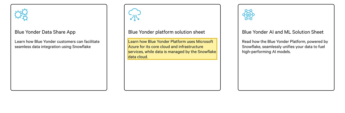 Blue Yonder's Snowflake partnership page stating that the Blue Yonder Platform uses Microsoft Azure for its core cloud and infrastructure services, while data is managed by the Snowflake data cloud