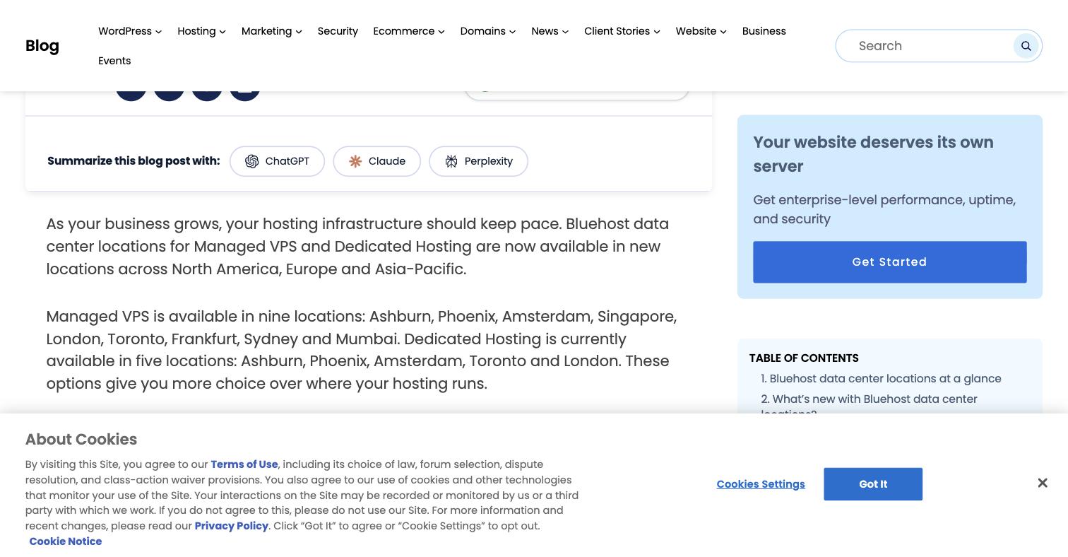 Bluehostのブログ「Bluehost Expands Data Center Locations for Managed VPS and Dedicated Hosting」。北米・欧州・アジア太平洋にわたるデータセンターの所在地——アッシュバーン、フェニックス、アムステルダム、シンガポール、ロンドン、トロント、フランクフルト、シドニー、ムンバイ——を挙げ、中国本土の所在地はない