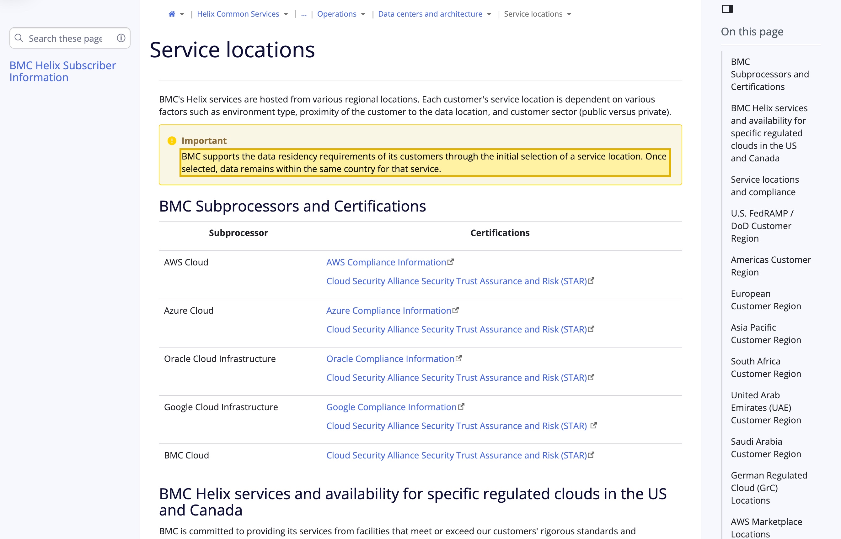 BMC Helix Documentation 'Service locations' page listing the SaaS hosting regions — the Americas, Europe, the United Kingdom, Asia Pacific (Singapore, Australia and India), South Africa, the UAE and Saudi Arabia — with a callout stating data remains within the selected country, and no mainland-China region anywhere.