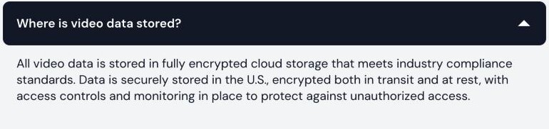 BombBombのSecurity & Complianceページ。データは米国に安全に保存され、通信時と保存時の両方で暗号化され、すべての動画データは完全に暗号化されたクラウドストレージに保存され、BombBombはSOC 2 Type IIコンプライアンスを維持すると記載——中国本土の保存の選択肢はない