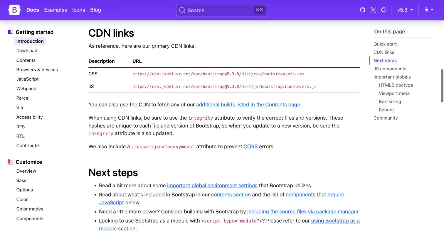 Bootstrap's getting-started documentation showing the CDN links section, with the compiled CSS loading from cdn.jsdelivr.net/npm/bootstrap@5.3.8/dist/css/bootstrap.min.css and the JavaScript from cdn.jsdelivr.net/npm/bootstrap@5.3.8/dist/js/bootstrap.bundle.min.js — jsDelivr's public global CDN, with no mainland-China location