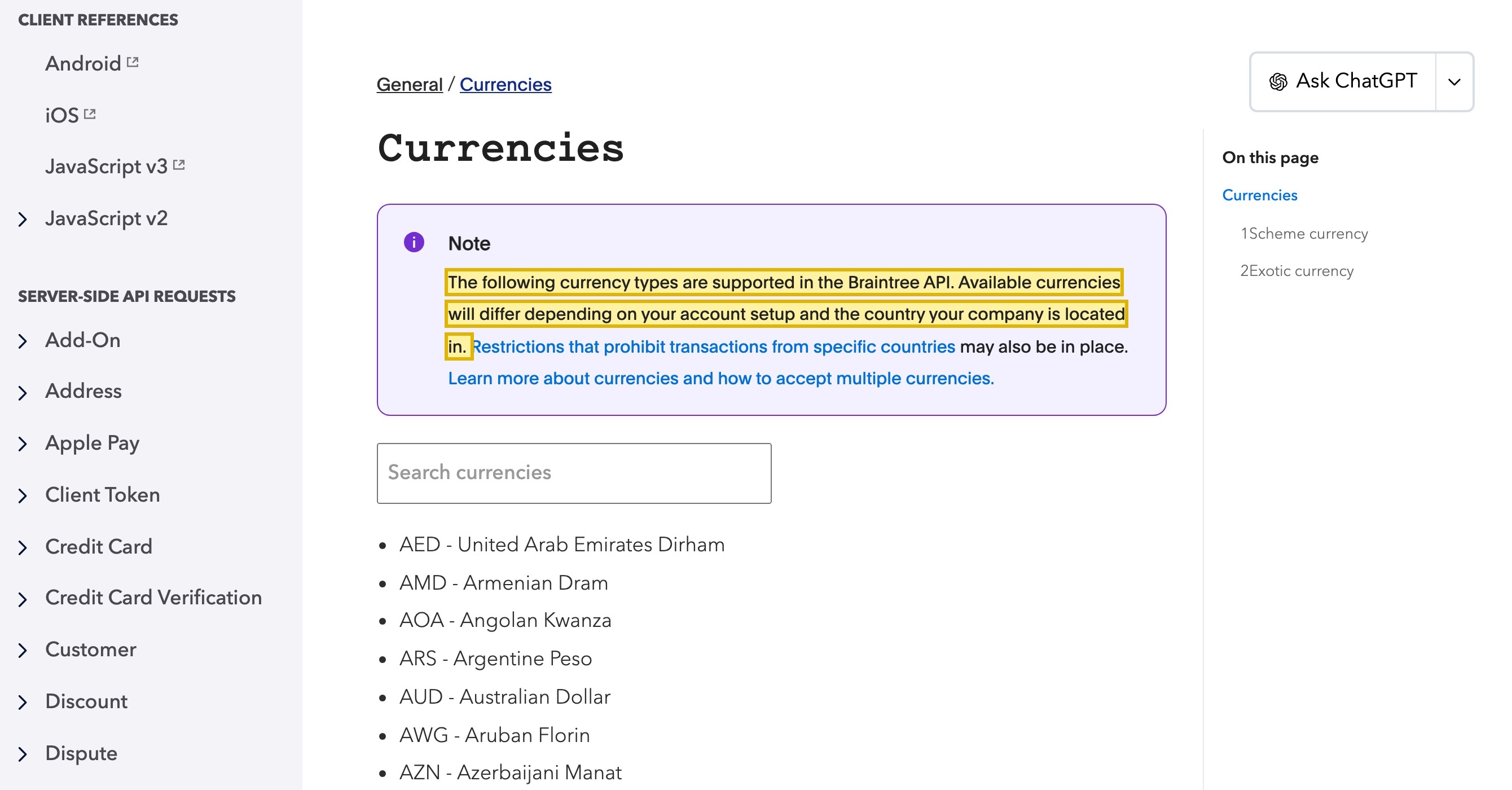 Braintree's developer documentation 'Currencies' reference page, stating that available currencies differ depending on your account setup and the country your company is located in, with the currency list showing 'CNY - Chinese Renminbi Yuan' among the currencies supported in the Braintree API