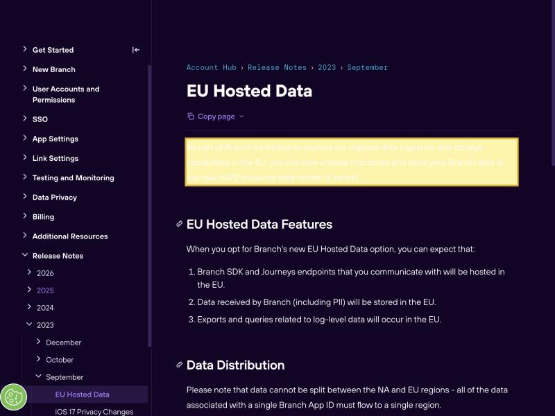 Branch Help Center 'EU Hosted Data' page, stating that customers can now choose to process and store Branch data at Branch's AWS-powered data center in Ireland, and that data cannot be split between the NA and EU regions — naming only two regions, North America and the EU, with no mainland-China region