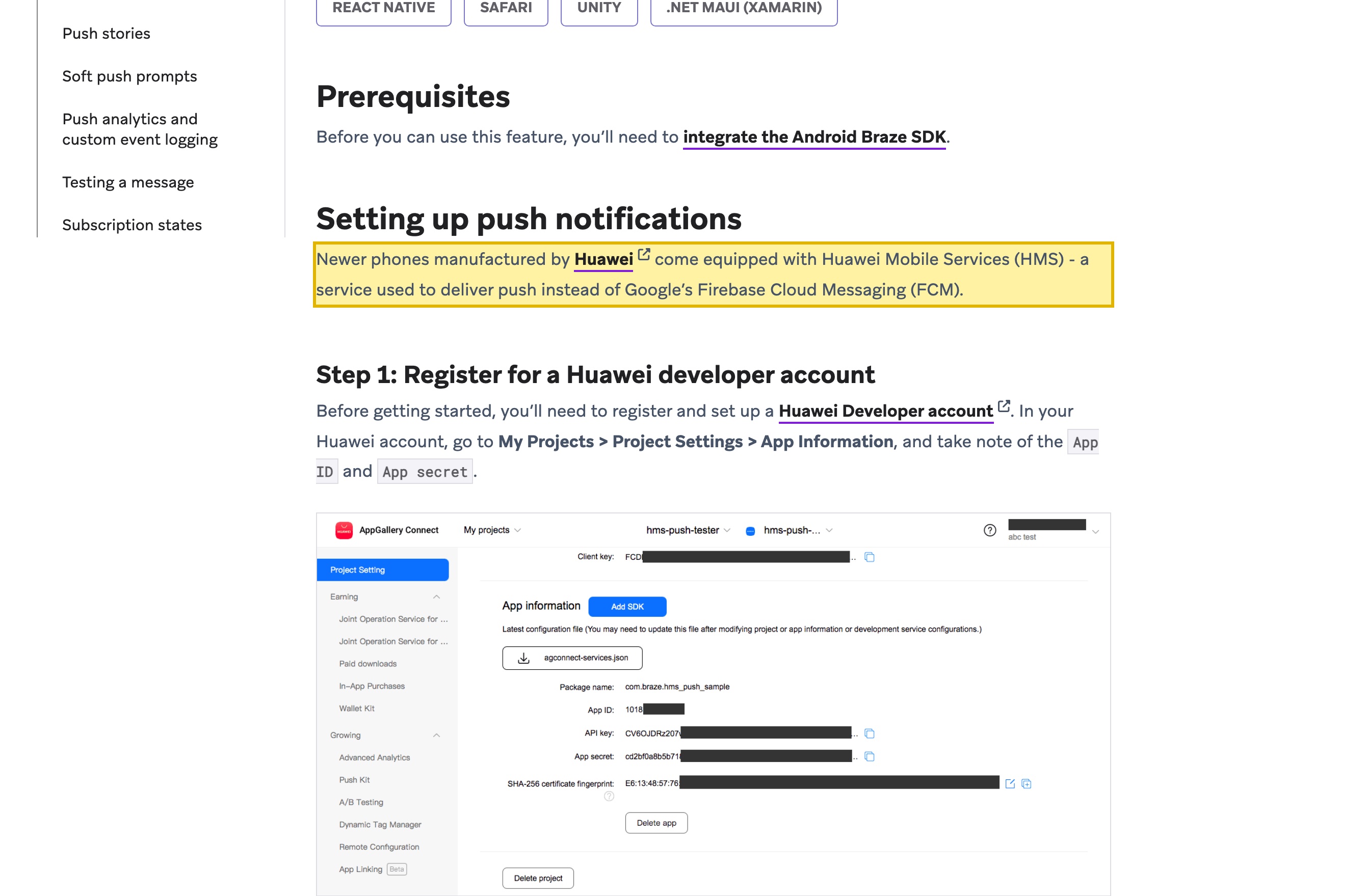 Braze's own Huawei push integration guide stating that Huawei devices use Huawei Mobile Services (HMS) to deliver push instead of Google's Firebase Cloud Messaging, because Google Play Services are unavailable in mainland China