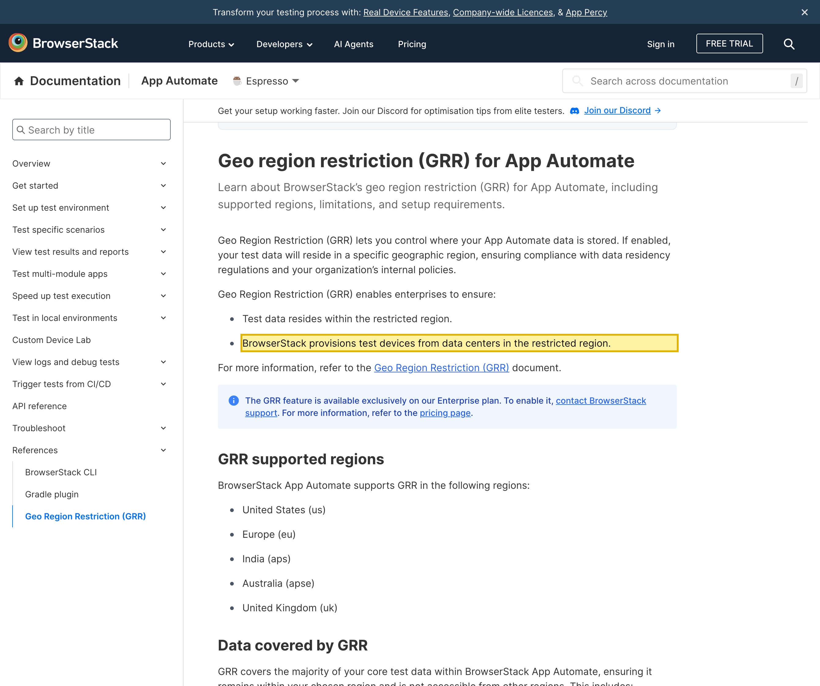 BrowserStack App Automate Geo Region Restriction documentation listing the supported data-residency regions — United States, Europe, India, Australia and United Kingdom — with no mainland-China region, and stating that uploaded app builds and the logs and video of each test run are stored within the selected region