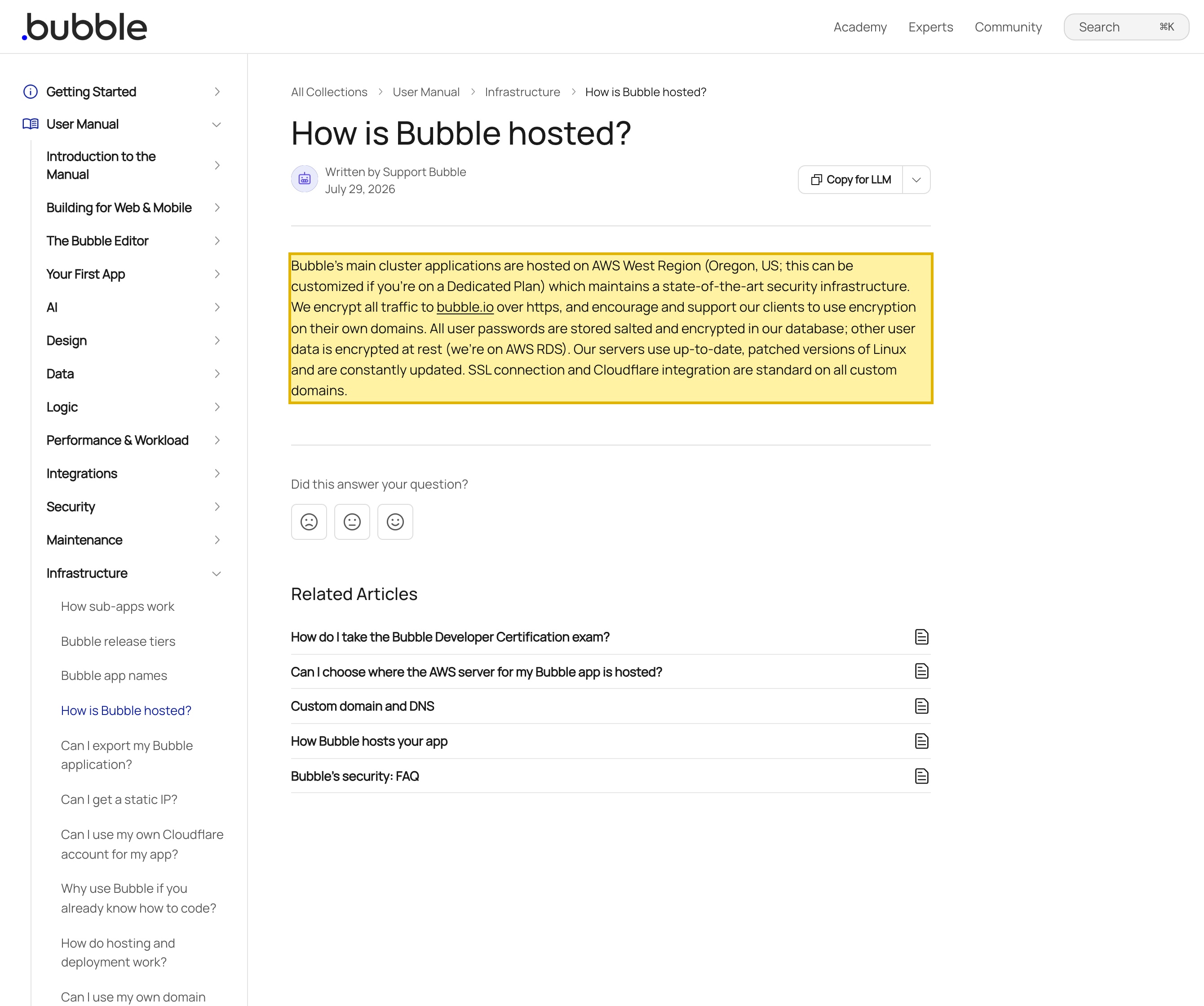 Bubble Support Center article 'How is Bubble hosted?' stating that Bubble's main cluster applications are hosted on AWS West Region in Oregon, US, with no mainland-China region, and that user data is encrypted at rest on AWS RDS.