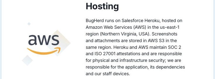 BugHerd Security page stating the platform runs on Salesforce Heroku hosted on Amazon Web Services in the us-east-1 region in Northern Virginia USA, with screenshots and attachments stored in AWS S3 in the same region — and no mainland-China location