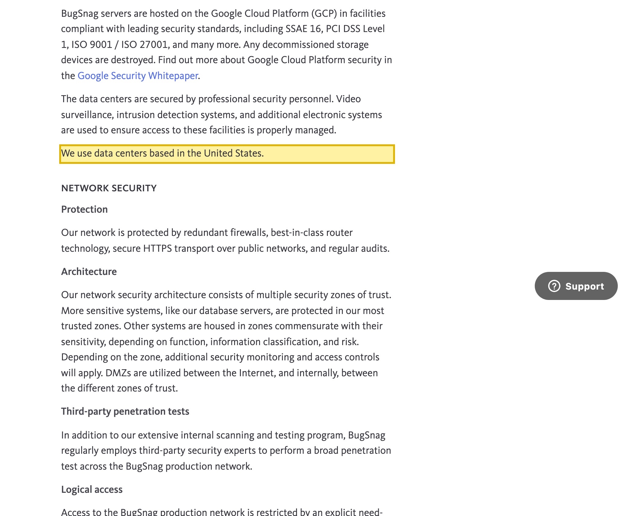 Bugsnag's Security Overview documentation stating that it uses data centers based in the United States, with servers hosted on the Google Cloud Platform, and no mainland-China data center