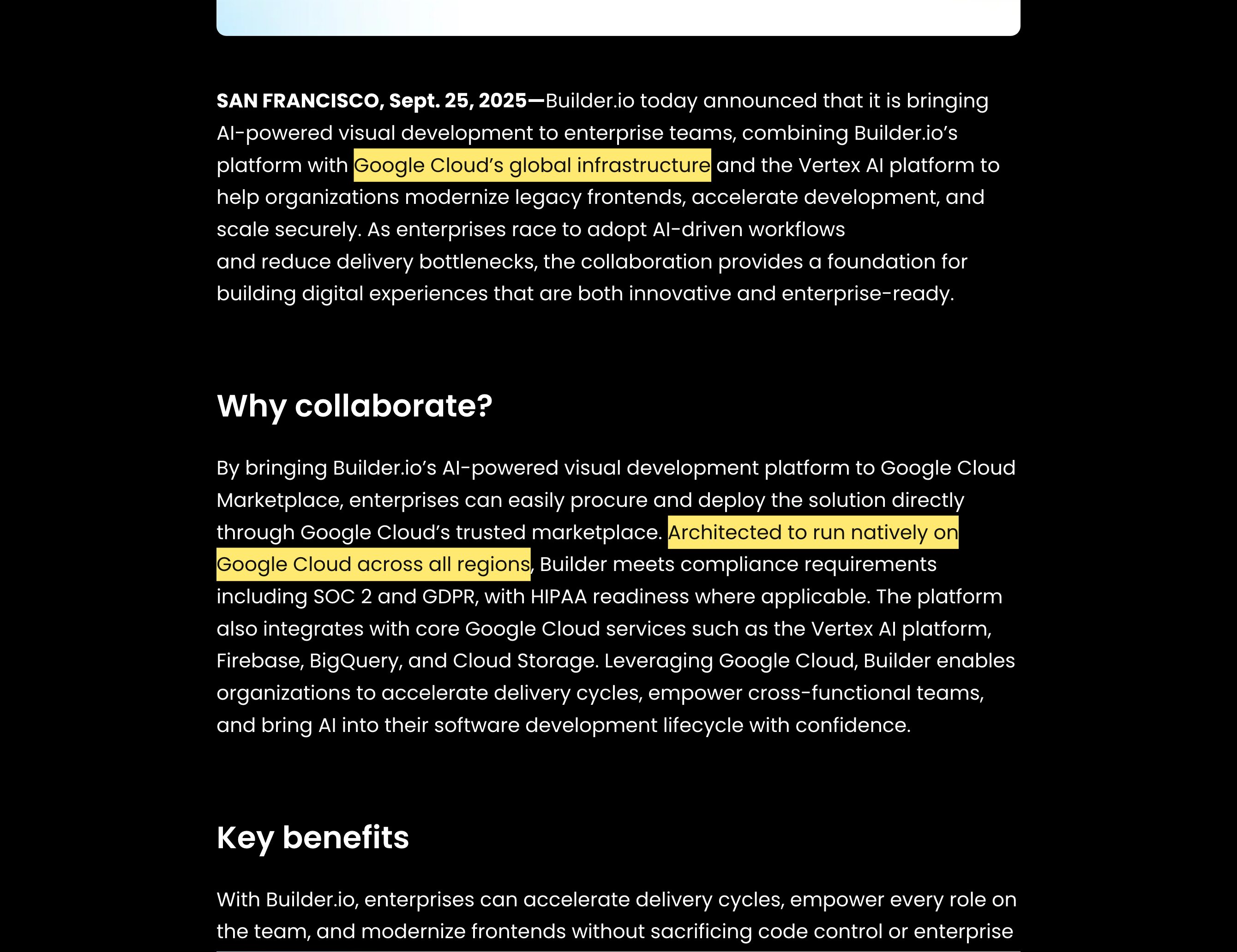 Builder.ioのニュースルームの告知。プラットフォームが全リージョンでGoogle Cloud上にネイティブに動くよう設計され、Google Cloudのグローバルインフラ上に構築されていると記載され、中国本土のリージョンは挙げられていない