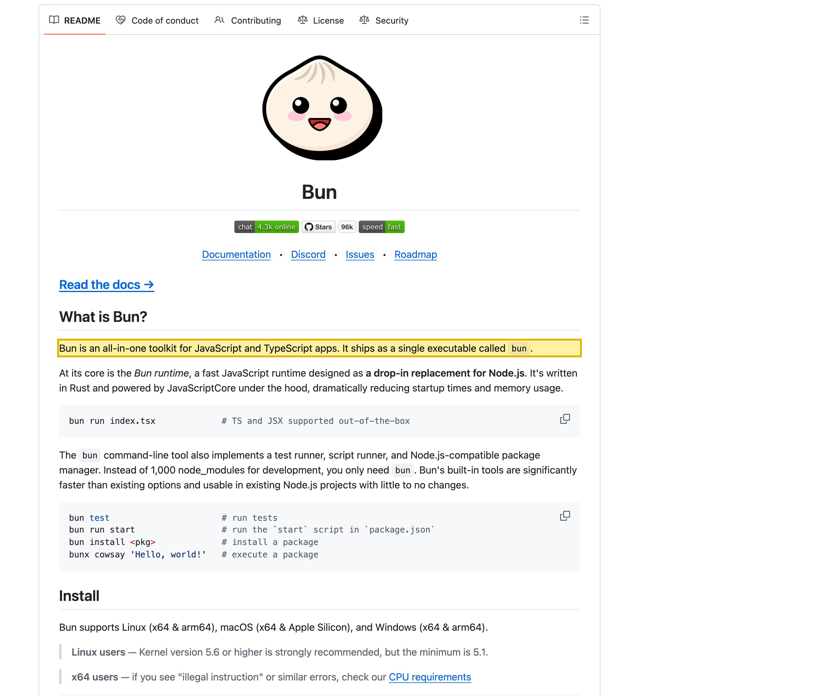 Bun's GitHub repository README, showing the opening sentence describing Bun as an all-in-one toolkit for JavaScript and TypeScript apps that ships as a single executable and includes a Node.js-compatible package manager