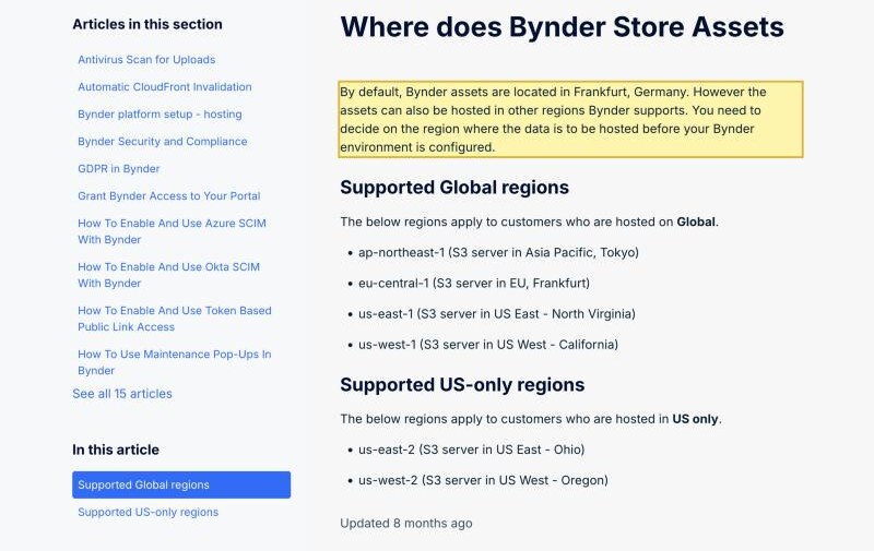 Bynder's support documentation listing the AWS regions where it stores assets — Frankfurt, Tokyo, North Virginia, California, Ohio and Oregon — with no mainland-China region
