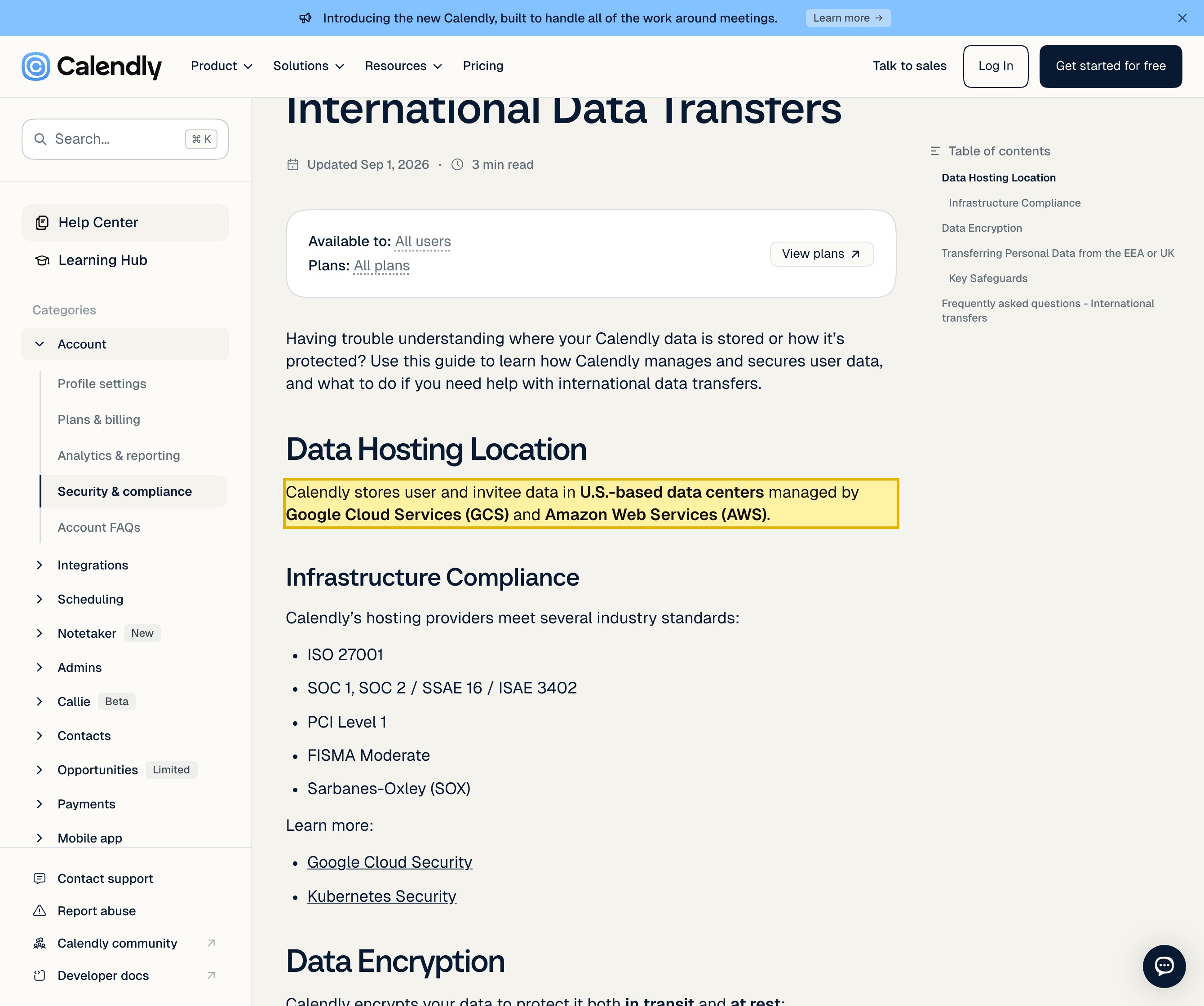 Calendly's Help Center page, Data Storage and International Data Transfers, stating that Calendly stores user and invitee data in U.S.-based data centers managed by Google Cloud Services (GCS) and Amazon Web Services (AWS), with no mainland-China region listed