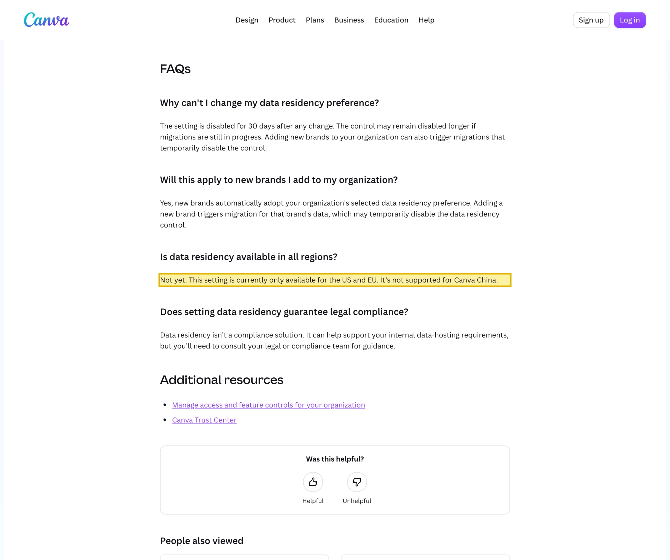 Canva Help Center article 'Set your organization's data residency preference', showing the data-residency dropdown options No Preference, United States and European Union, and an FAQ stating the setting is only available for the US and EU and is not supported for Canva China