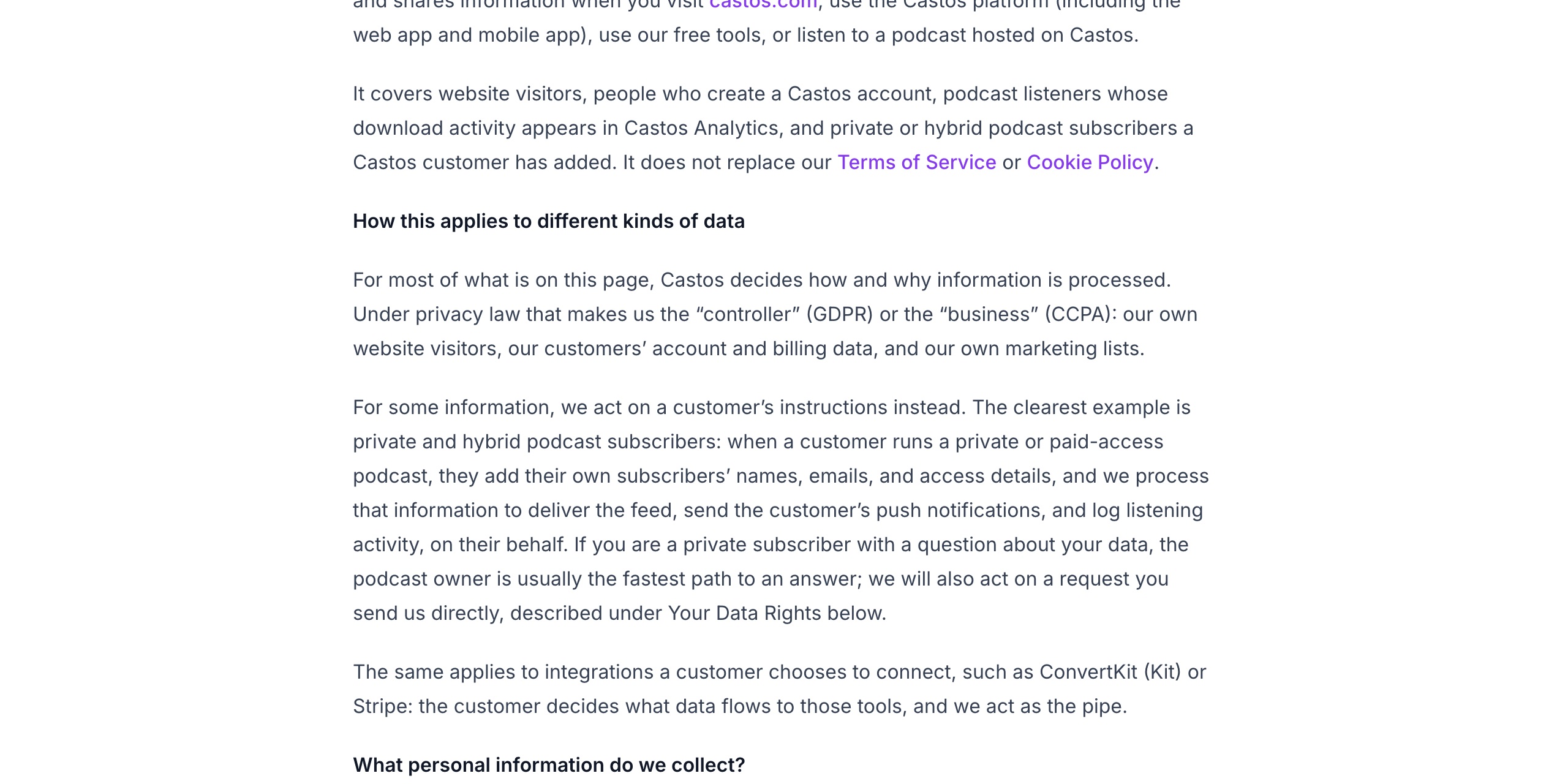 Castos Privacy Policy 'Companies that help us operate' section listing Cloudflare as the processor that hosts the website and the Castos platform and stores podcast media, with no mainland-China location named