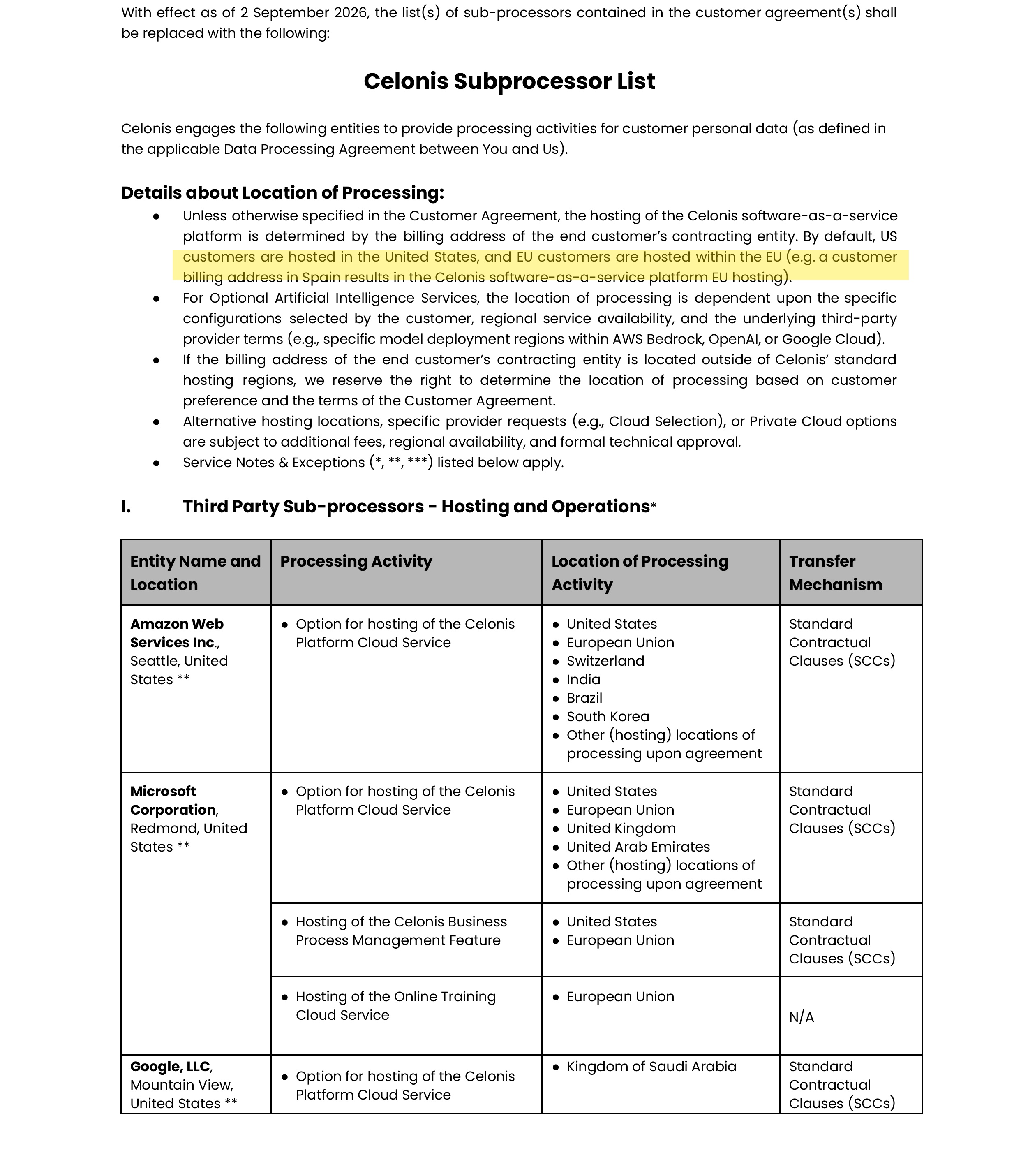 Celonis sub-processor list showing platform hosting is set by billing entity across AWS, Microsoft and Google regions in the US, EU, Switzerland, India, Brazil, South Korea, UK and UAE — no mainland-China region