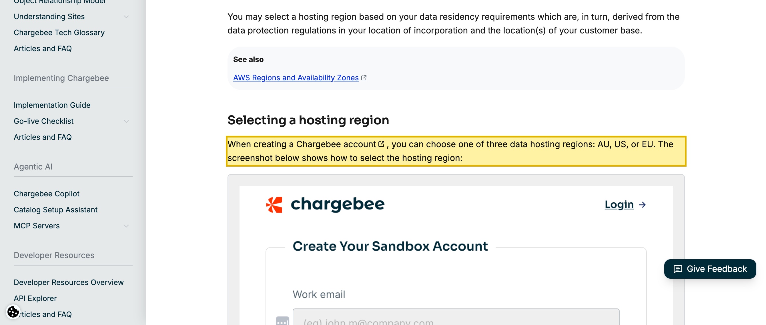Chargebee's own Data Centers documentation stating that when you create an account you choose one of three data hosting regions — AU, US, or EU — backed by AWS Asia Pacific (Sydney), US East (N. Virginia) and EU (Frankfurt), with no mainland-China region.