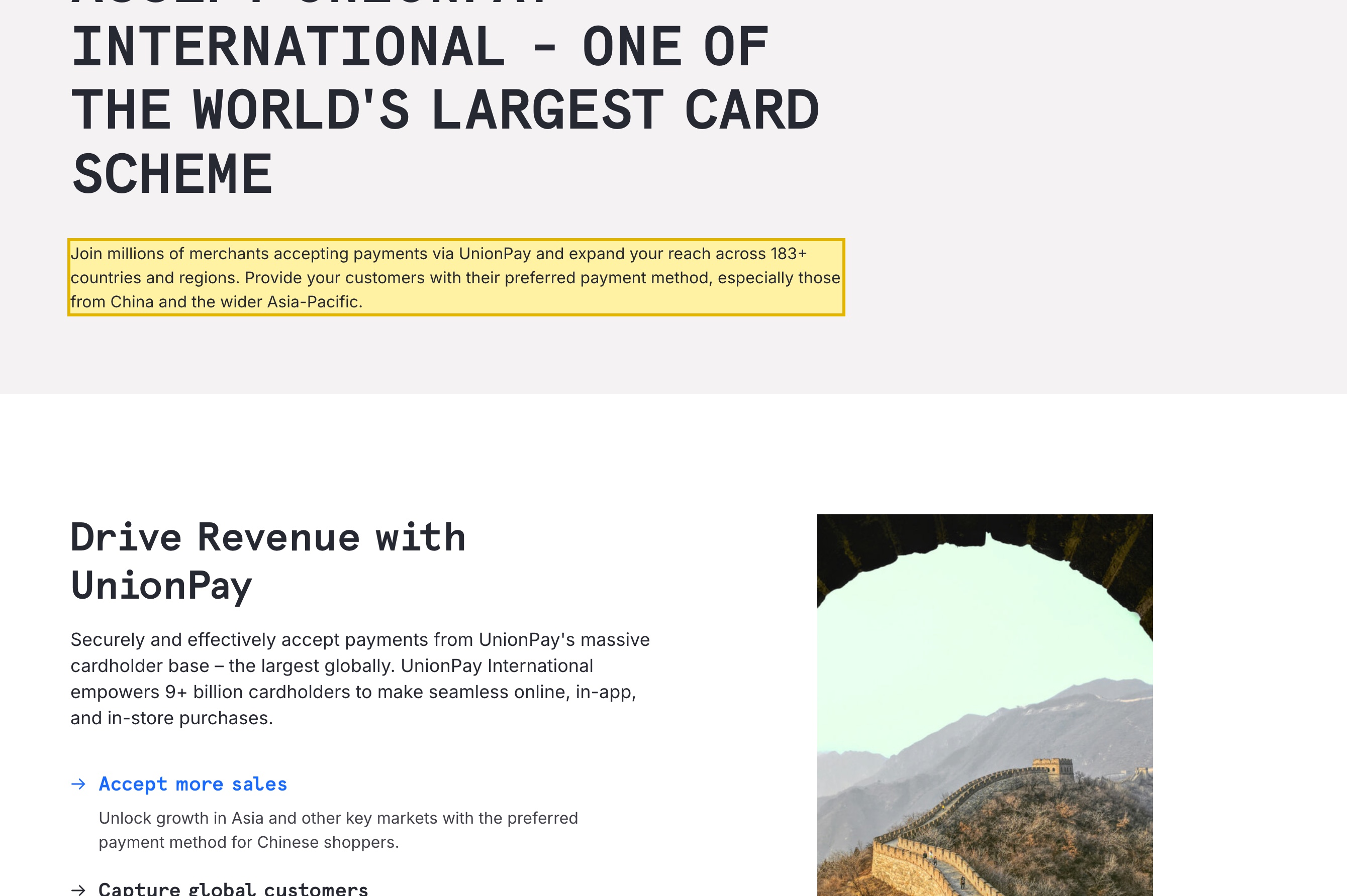 Checkout.com's UnionPay International payment-method page, showing the business (merchant) countries listed as Hong Kong and Singapore while China appears only among the consumer countries, and the subheading positioning the method for customers from China and the wider Asia-Pacific
