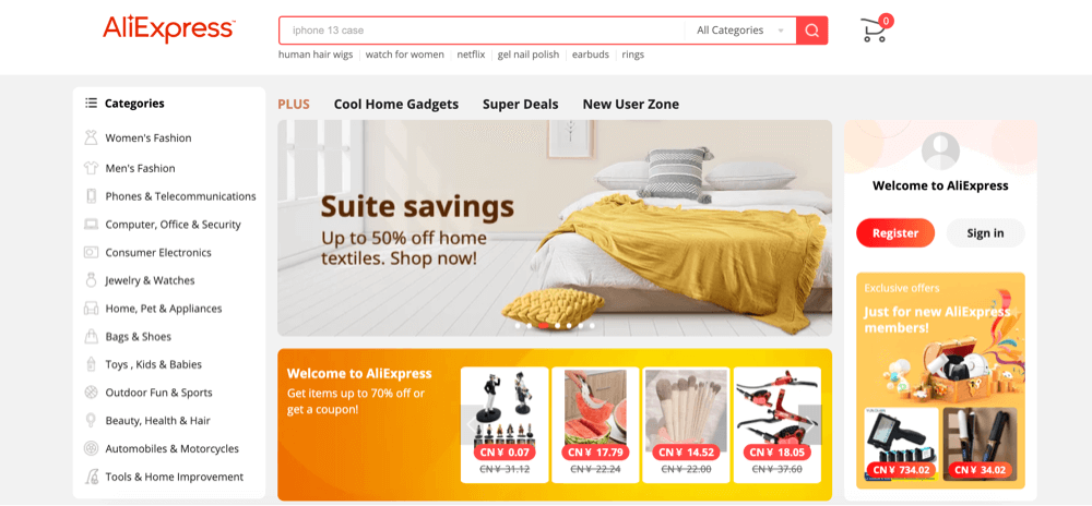 Homepage of AliExpress