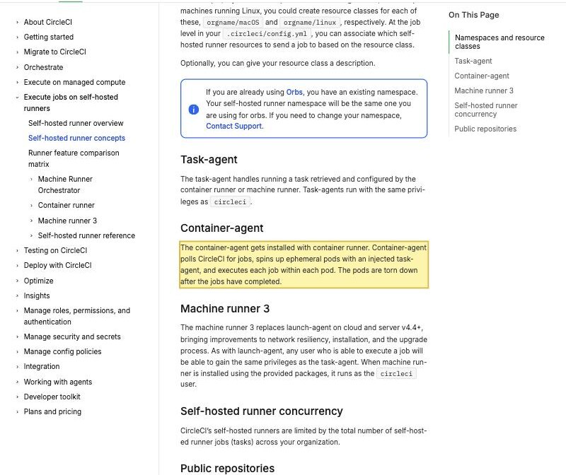 CircleCI's self-hosted runner documentation stating that the container-agent polls CircleCI for jobs, showing that self-hosted runners execute jobs on your own machines while the control plane and work queue remain with CircleCI's cloud